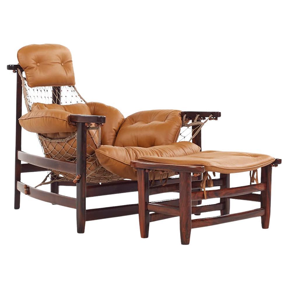 Jean Gillon Jangada Brazilian Rosewood, Leather Lounge Chair with Ottoman
