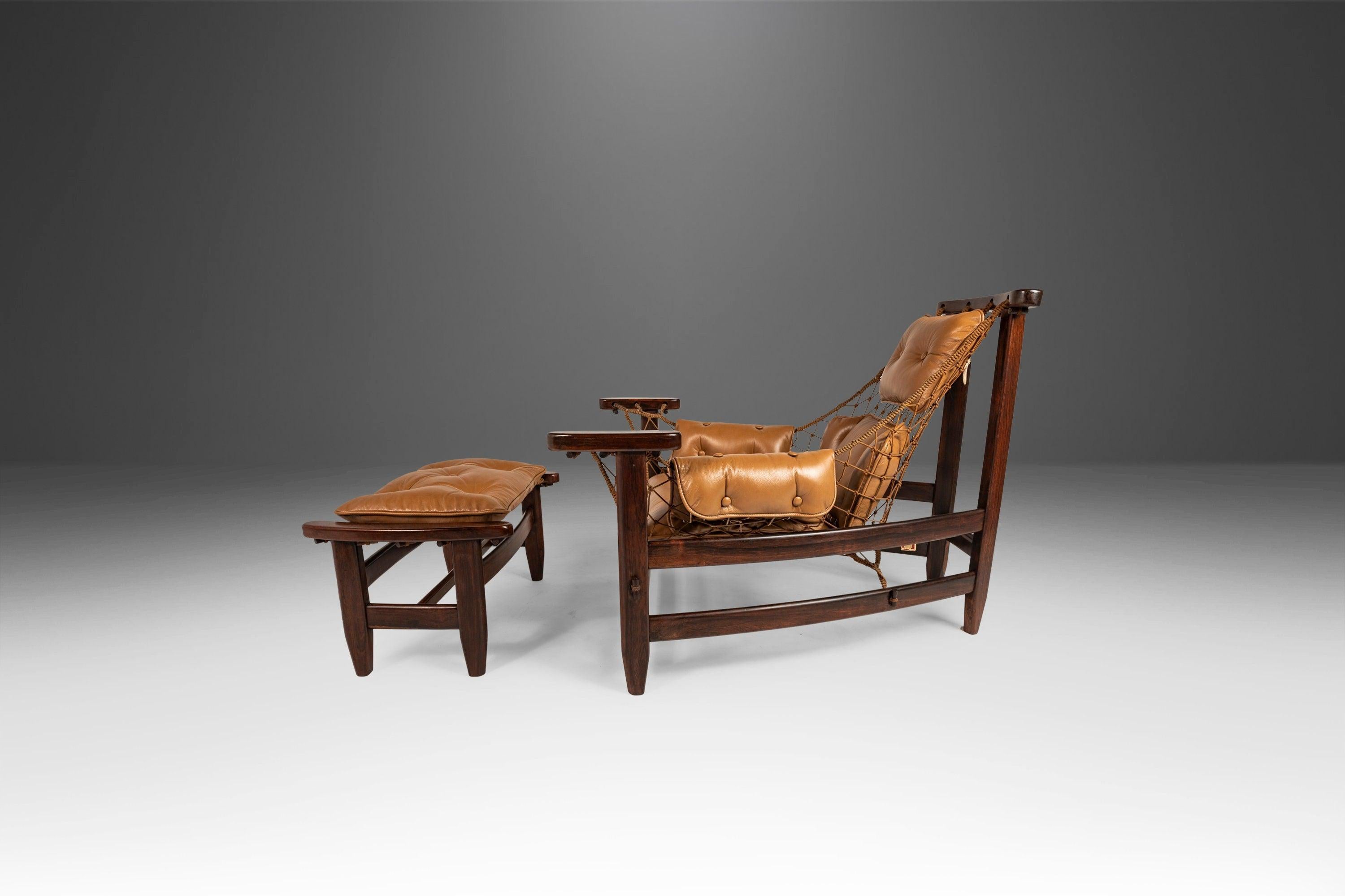 Mid-Century Modern Jean Gillon Jangada Lounge Chair & Ottoman in Jacaranda & Leather, Brazil, 1960s For Sale
