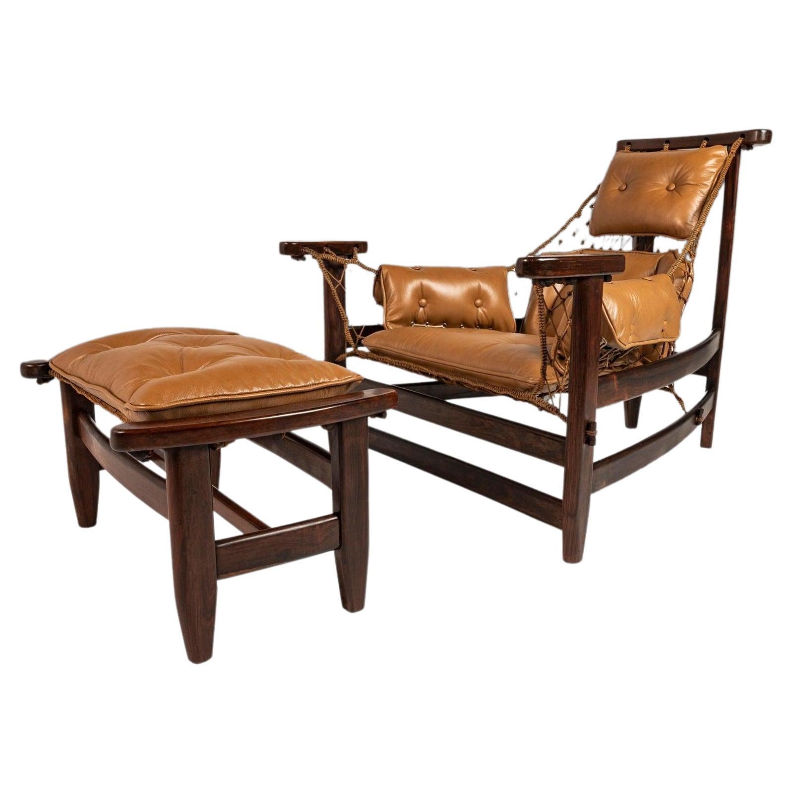 Jean Gillon Jangada Lounge Chair & Ottoman in Jacaranda & Leather, Brazil, 1960s For Sale