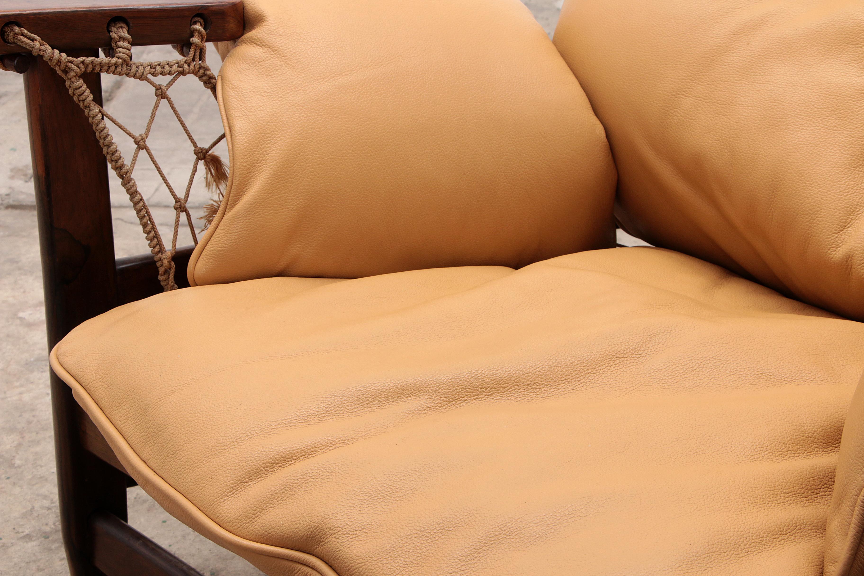 Jean Gillon 'Jangada' lounge chair and ottoman in tropical wood and leather. 6
