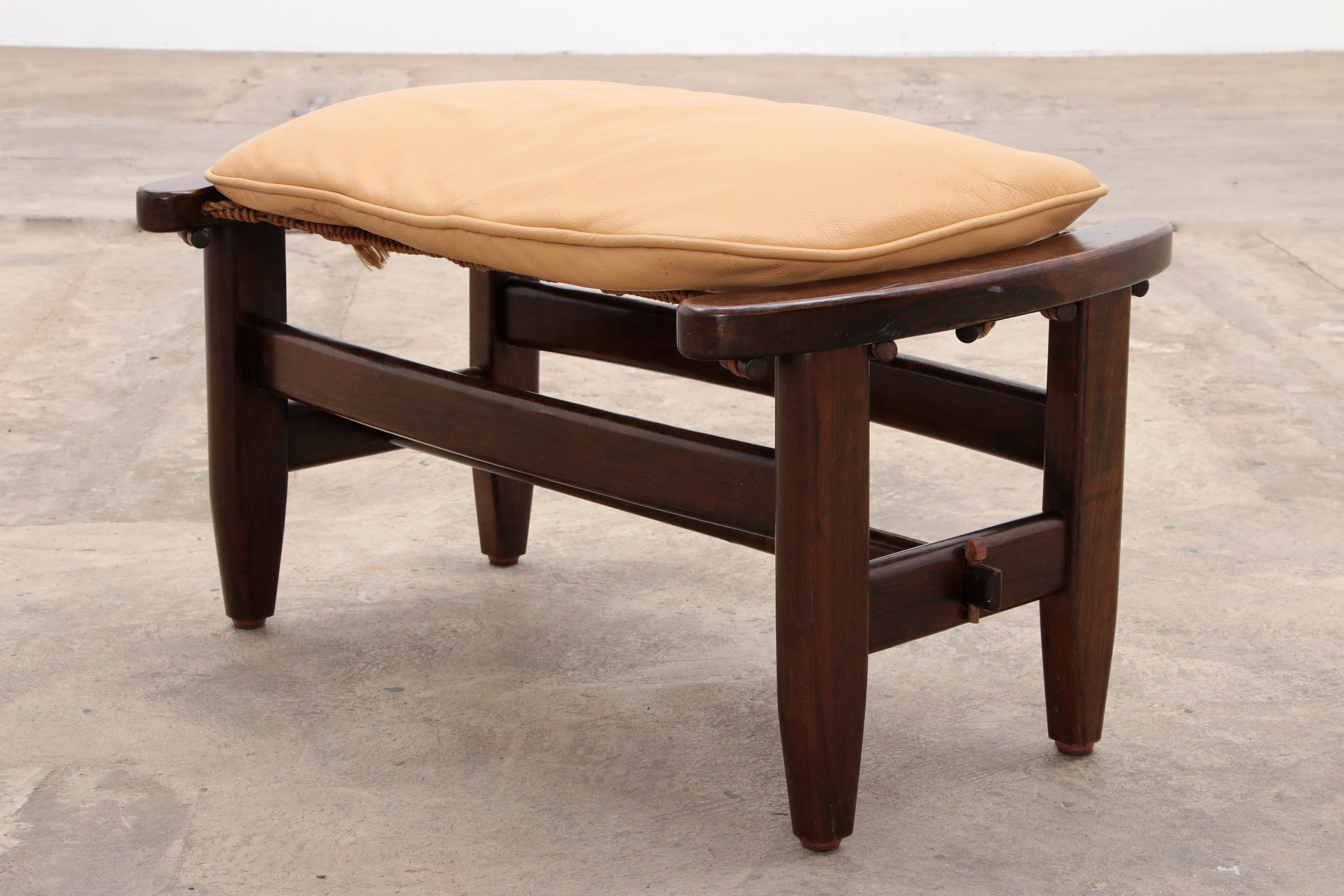 Jean Gillon 'Jangada' lounge chair and ottoman in tropical wood and leather. 12