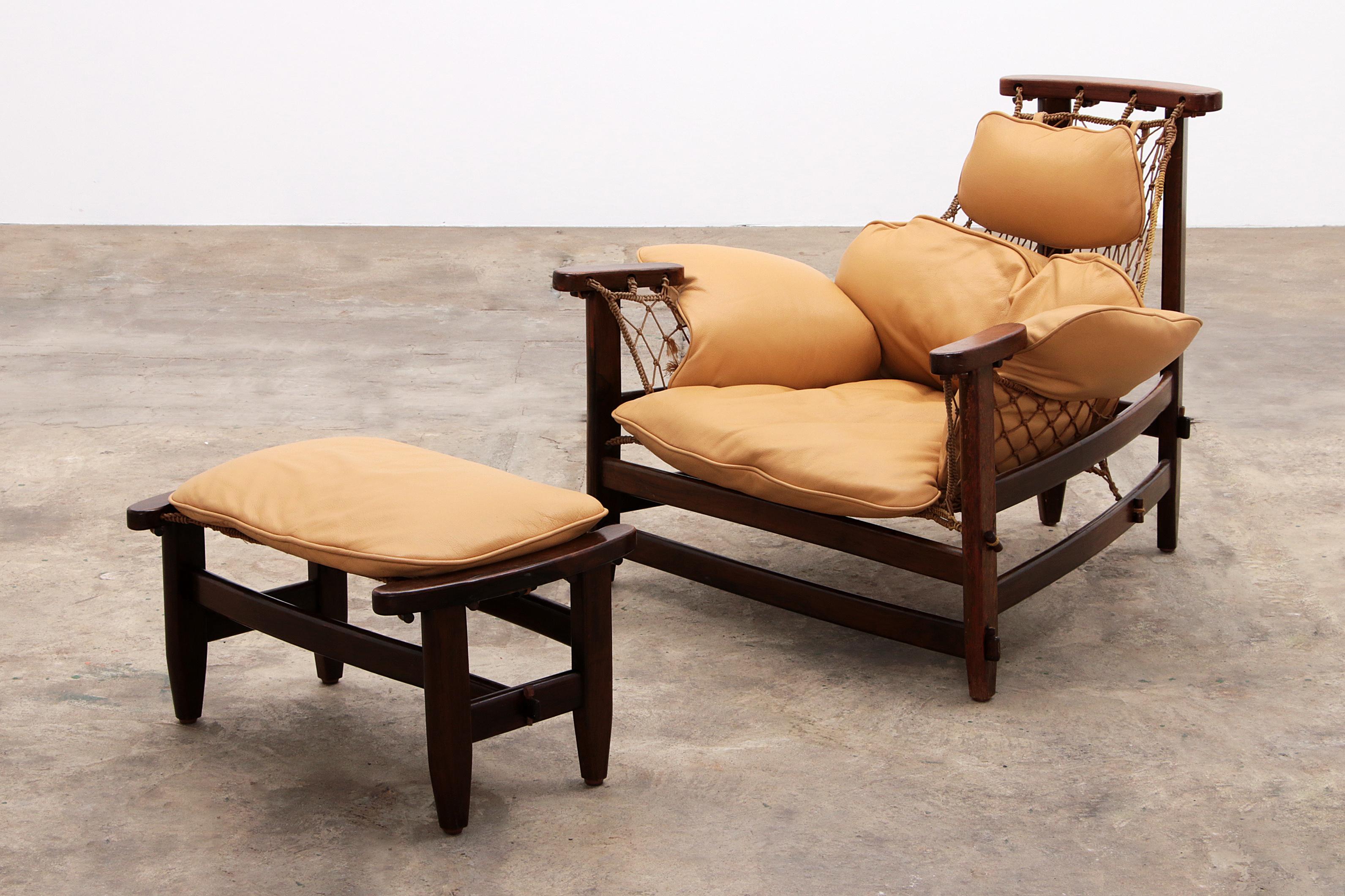 Mid-Century Modern Jean Gillon 'Jangada' lounge chair and ottoman in tropical wood and leather.