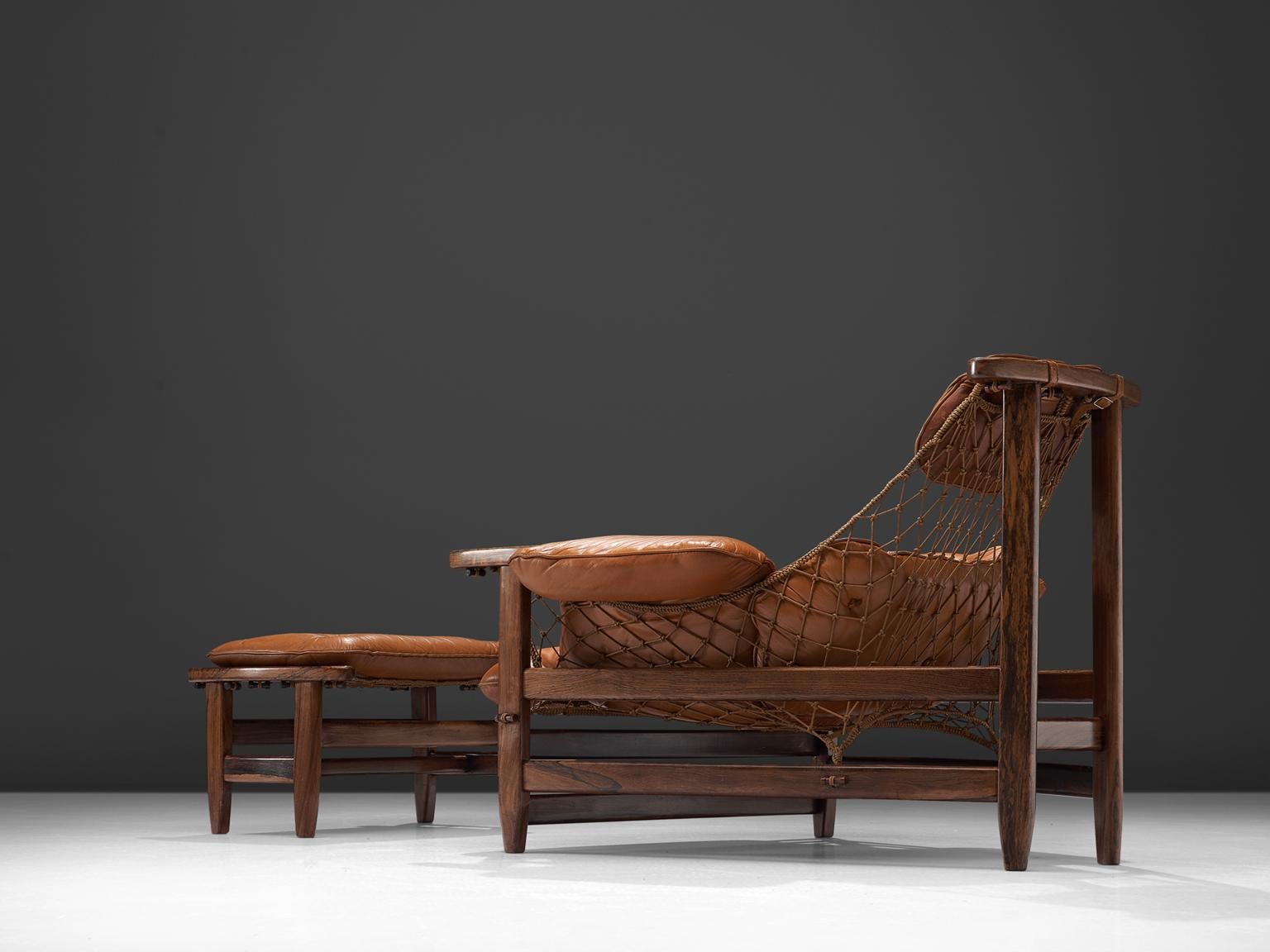 Mid-Century Modern Jean Gillon Jangada Lounge Chair with Ottoman in Cognac Leather
