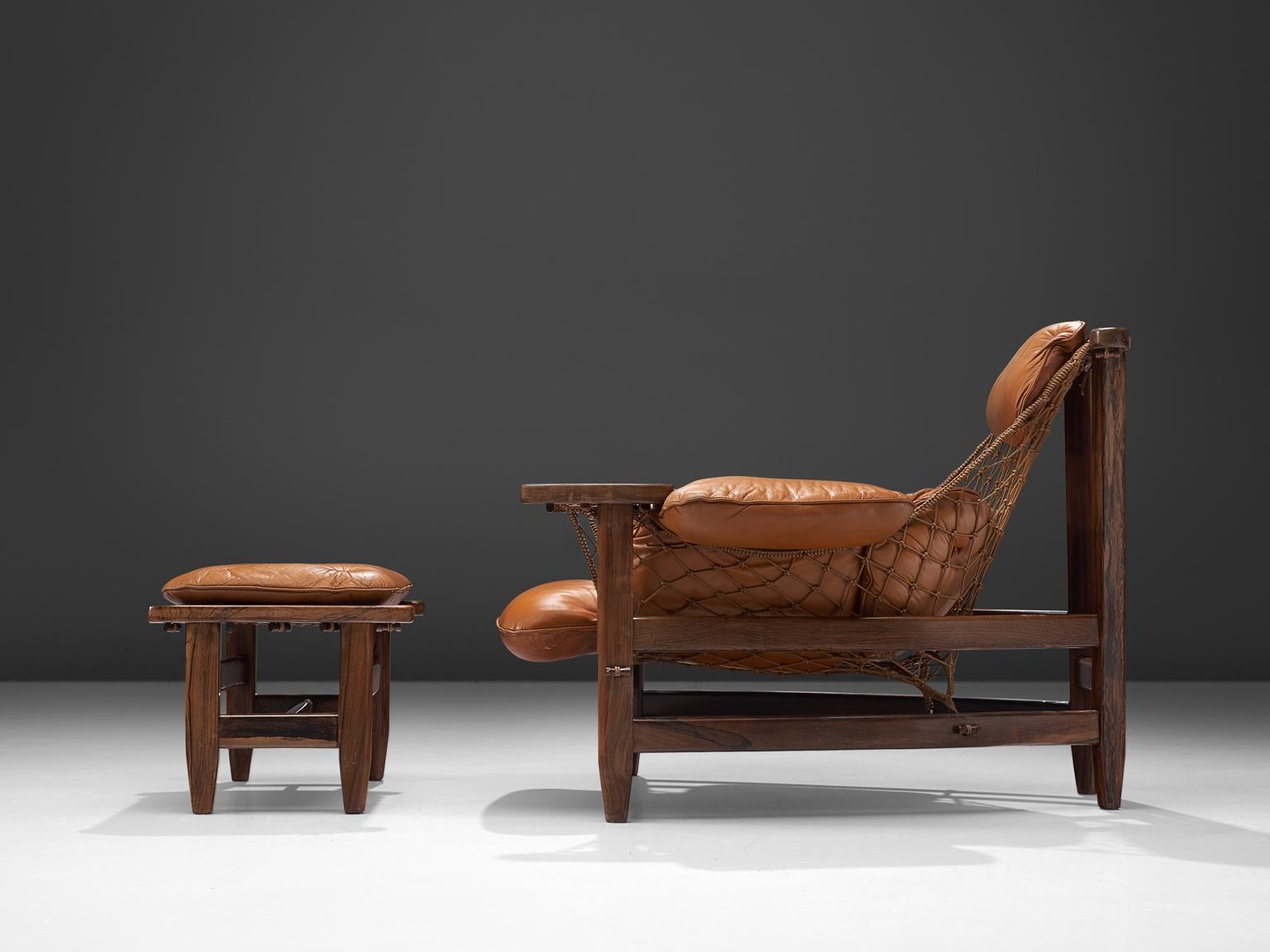 Brazilian Jean Gillon Jangada Lounge Chair with Ottoman in Cognac Leather