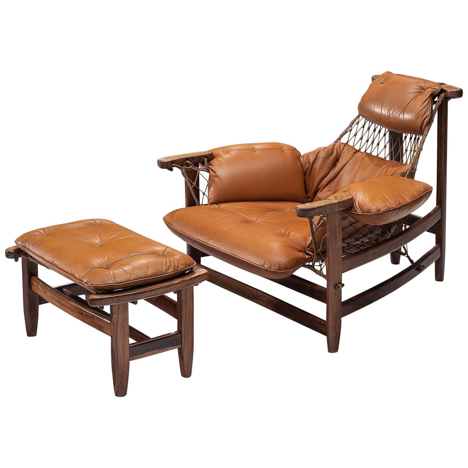 Jean Gillon Jangada Lounge Chair with Ottoman in Cognac Leather