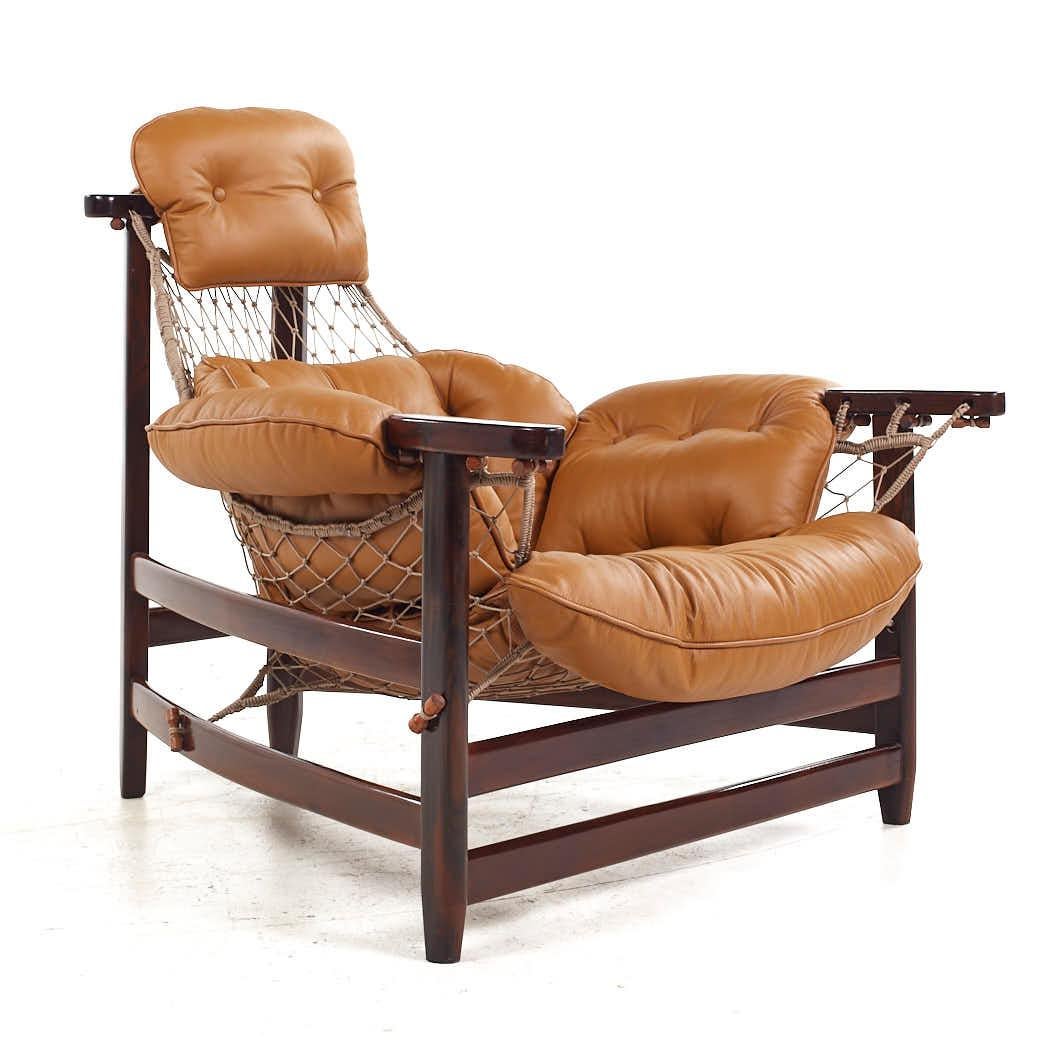 Jean Gillon Jangada MCM Brazilian Rosewood Leather Lounge Chairs Ottomans - Pair For Sale 7
