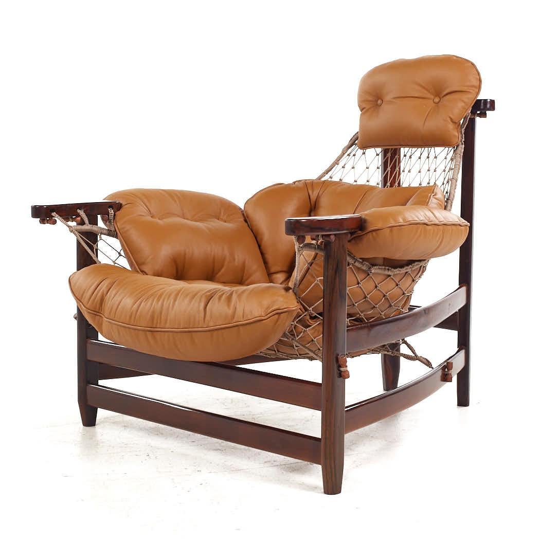 Jean Gillon Jangada MCM Brazilian Rosewood Leather Lounge Chairs Ottomans - Pair For Sale 9