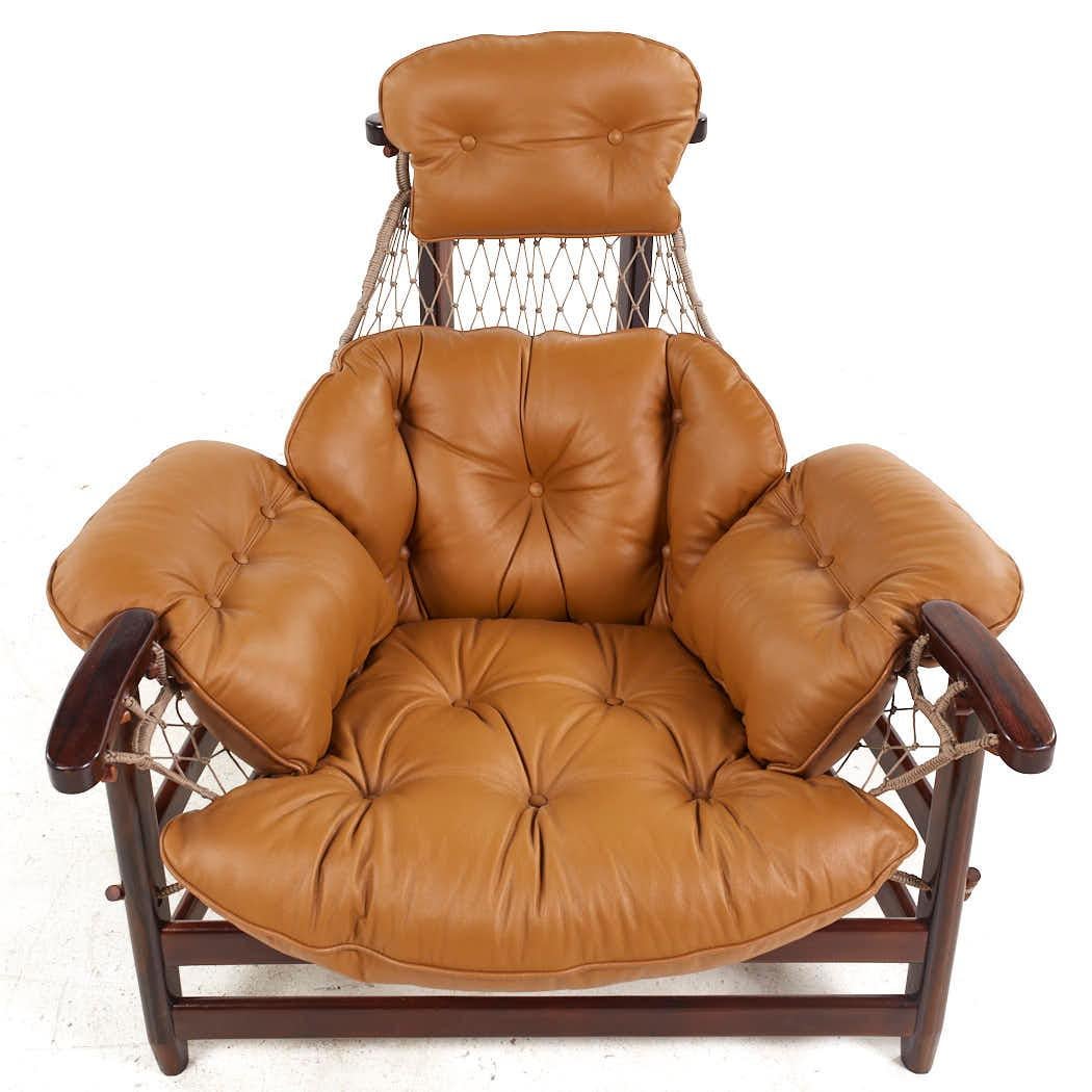 Jean Gillon Jangada MCM Brazilian Rosewood Leather Lounge Chairs Ottomans - Pair For Sale 10