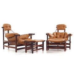 Jean Gillon Jangada MCM Brazilian Rosewood Leather Lounge Chairs Ottomans - Pair