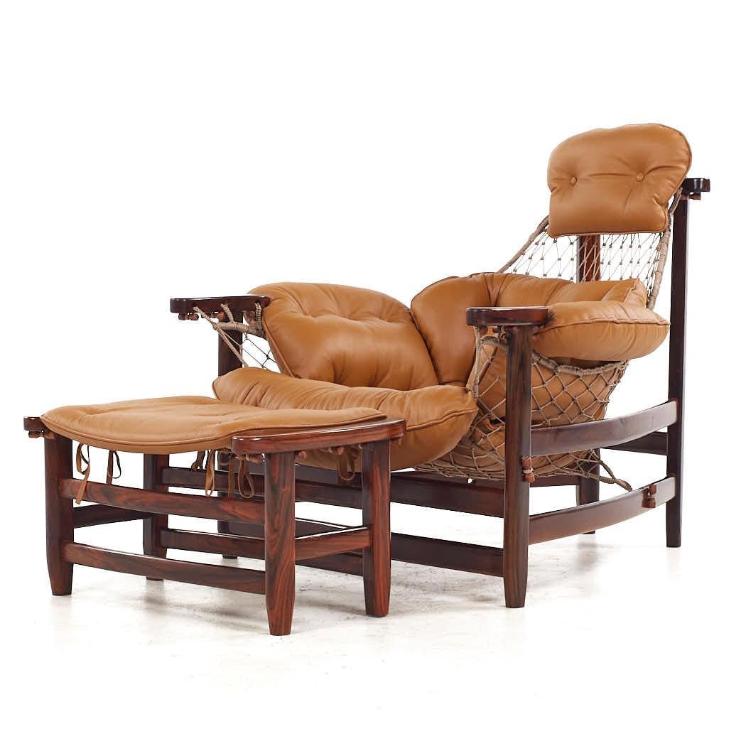 Jean Gillon Jangada MCM Brazilian Rosewood Leather Lounge Chairs Ottomans - Pair For Sale 1
