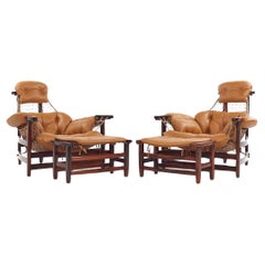 Jean Gillon Jangada MCM Brazilian Rosewood Leather Lounge Chairs Ottomans - Pair