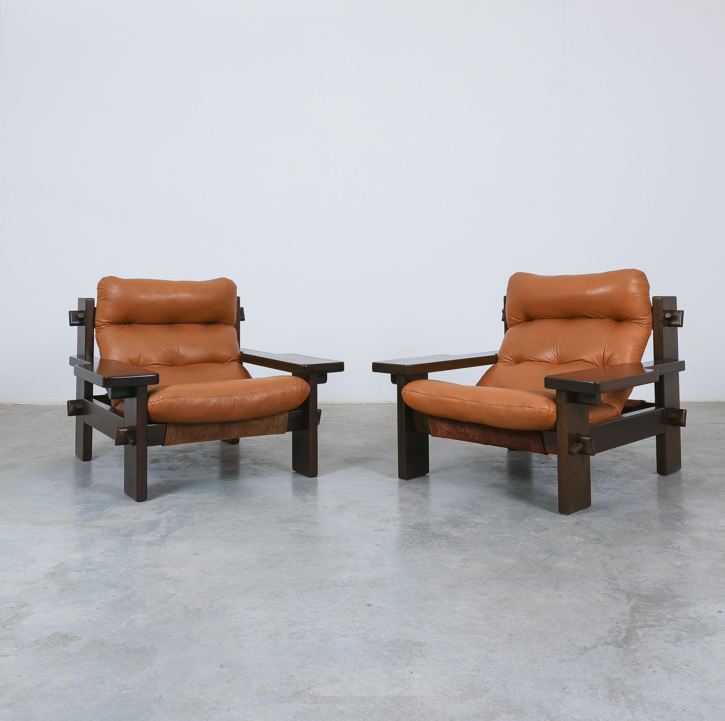 Jean Gillon Paddle Arm Chairs Cognac Leder für Probel, 1960 im Angebot 2