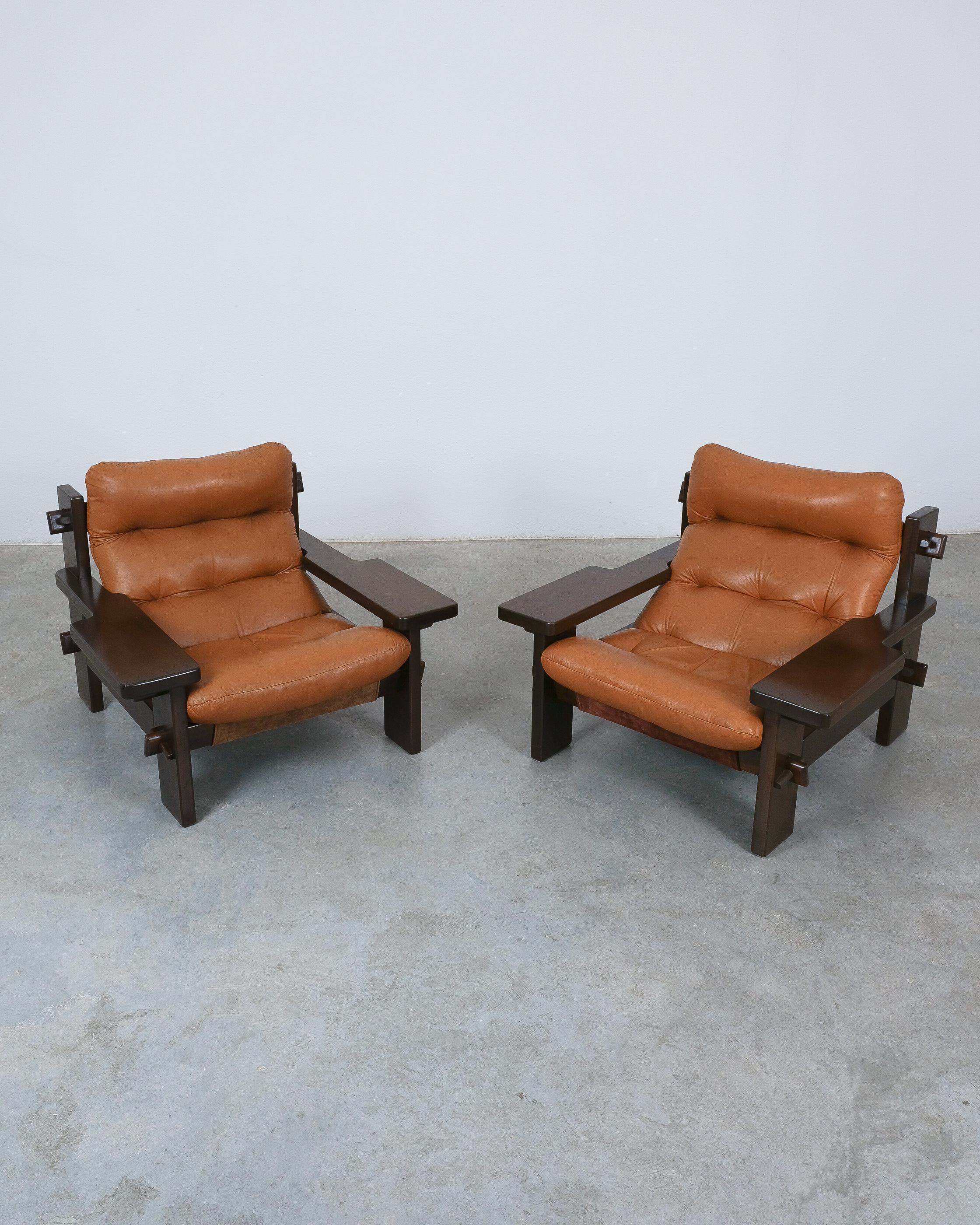 Jean Gillon Paddle Arm Chairs Cognac Leder für Probel, 1960 im Angebot 3