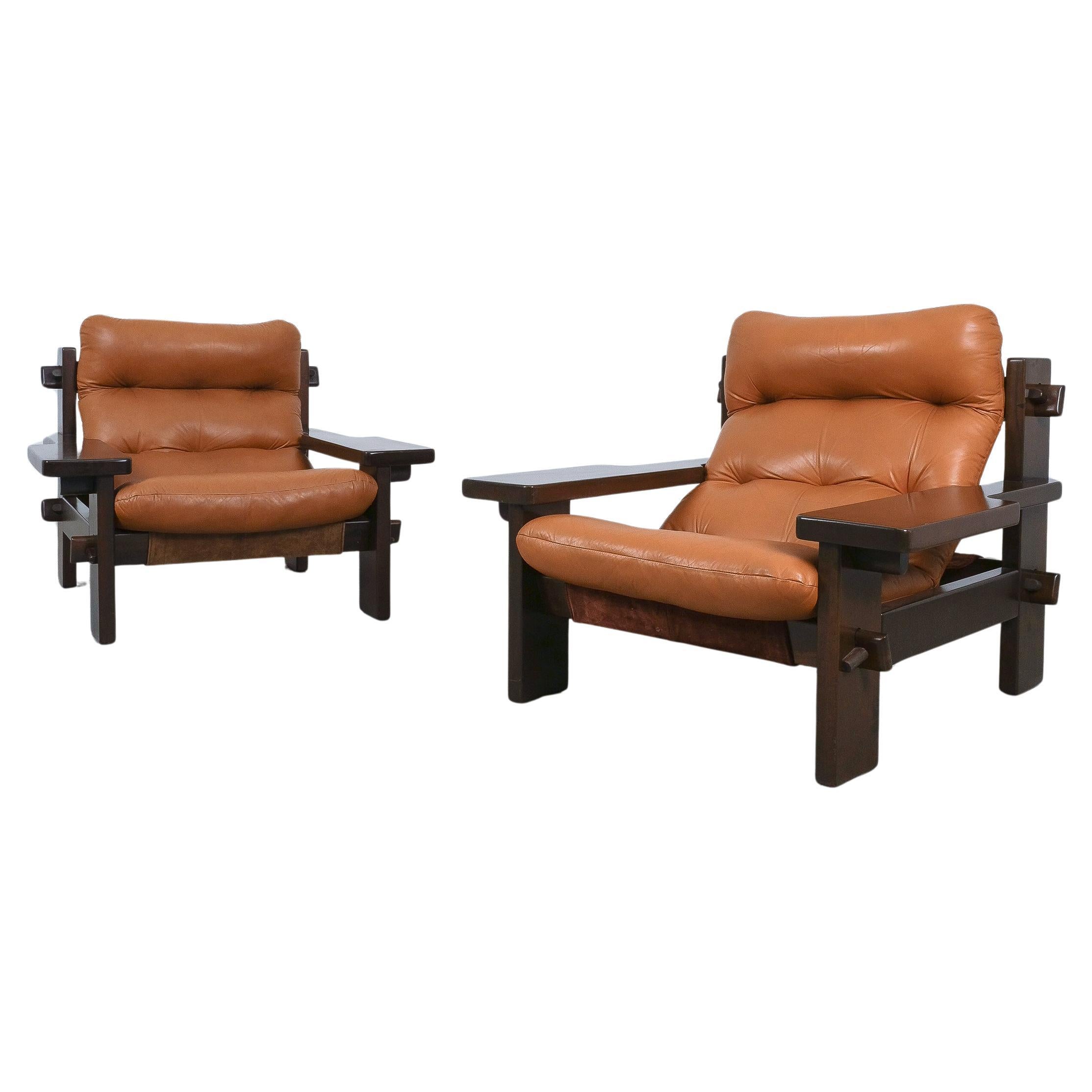 Jean Gillon Paddle Arm Chairs Cognac Leder für Probel, 1960 im Angebot