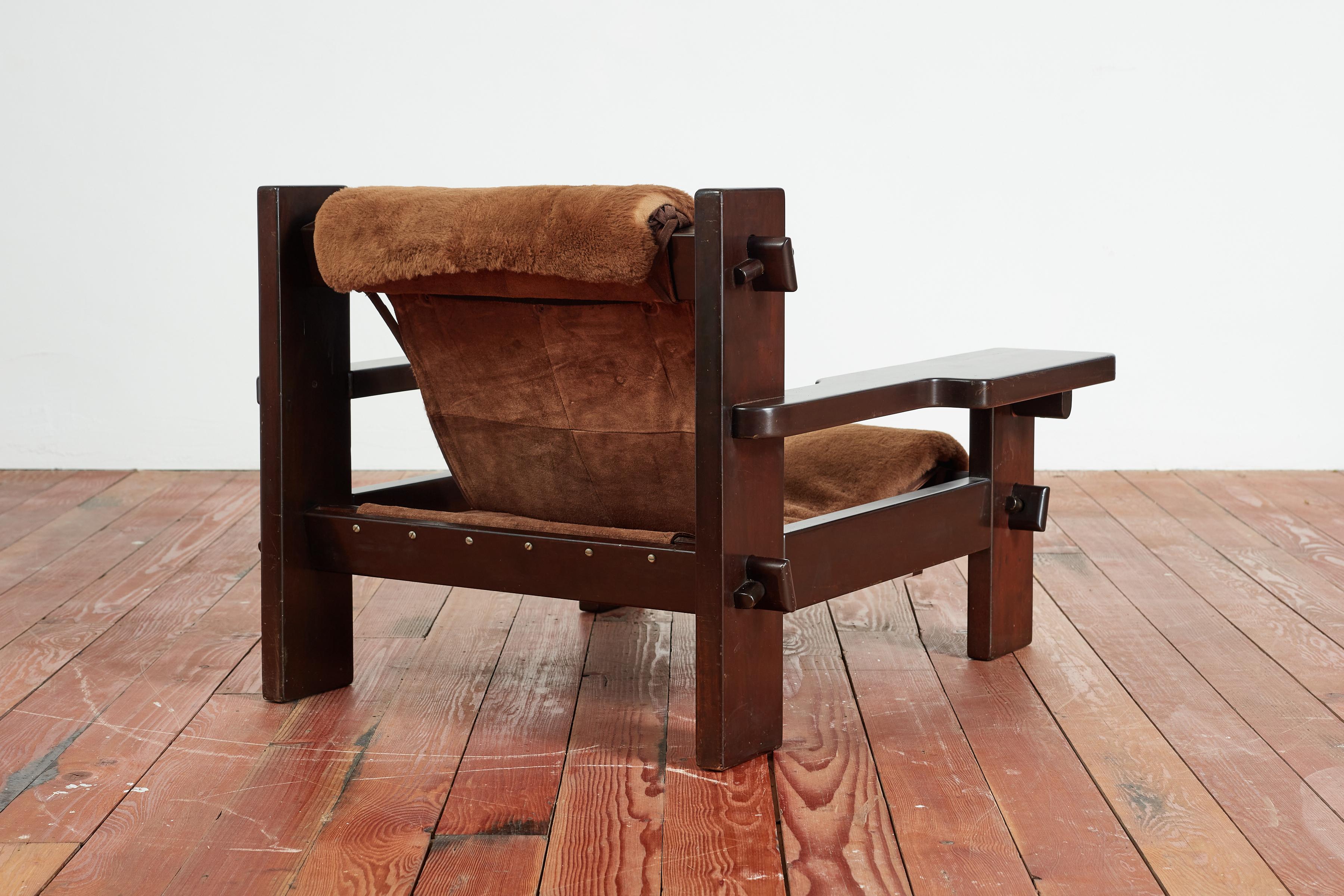 Wood Jean Gillon Paddle Shearling Arm Chairs For Sale