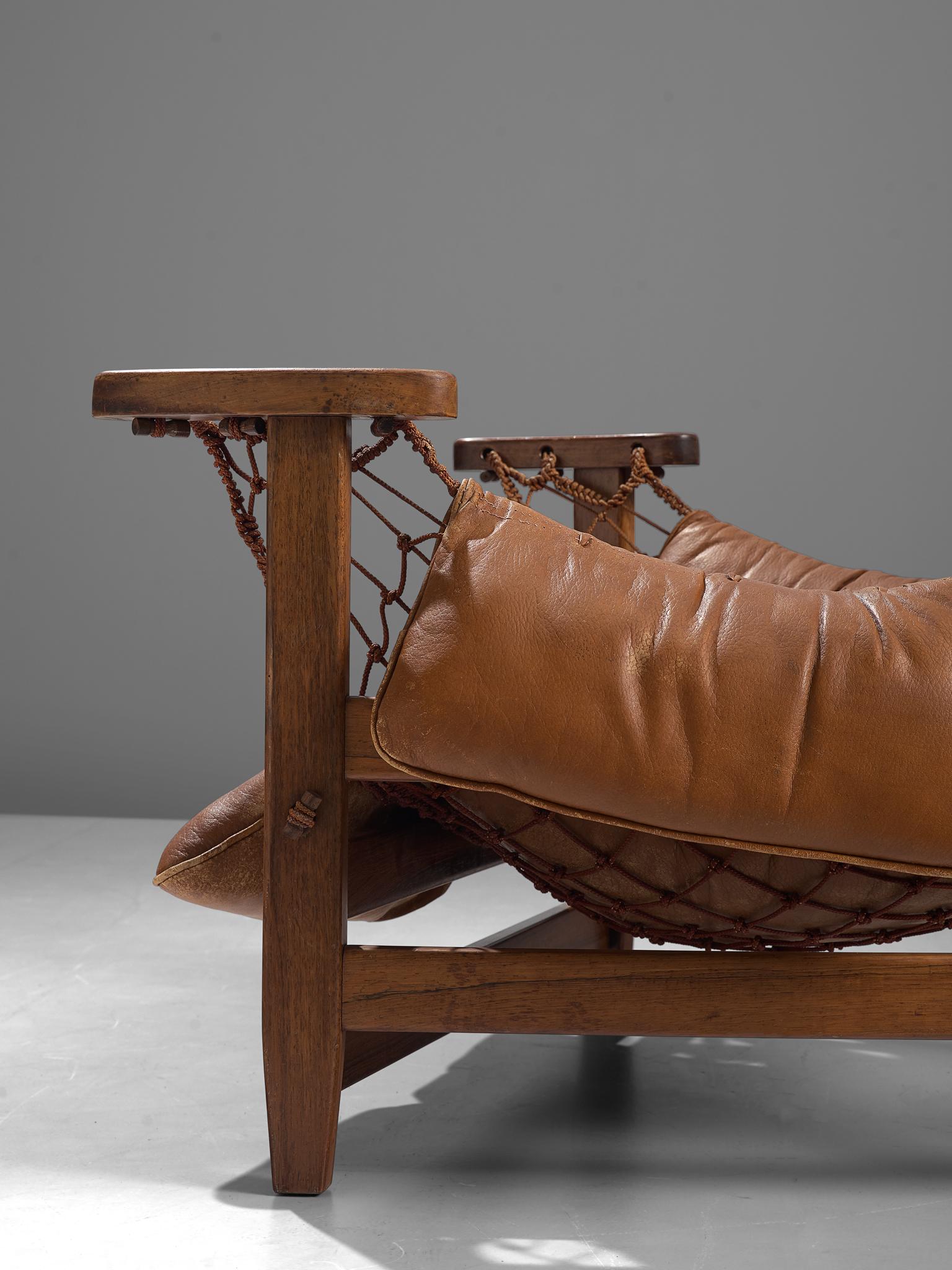 Brazilian Jean Gillon Patinated 'Jangada' Lounge Chair in Cognac Leather