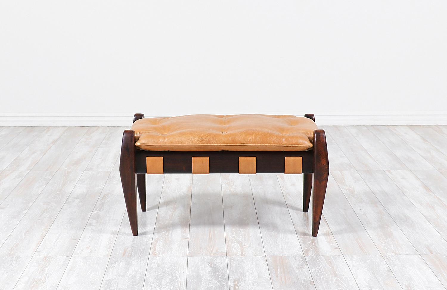Mid-Century Modern Jean Gillon Sculpted Rosewood and Leather Stool for Italma Wood Art