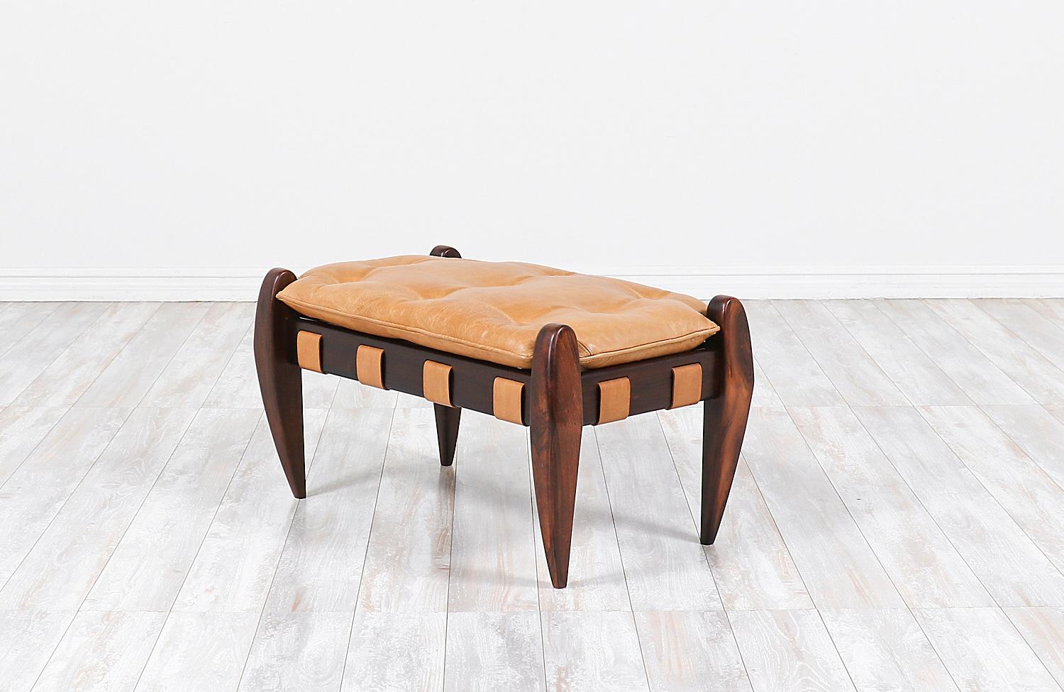 Brazilian Jean Gillon Sculpted Rosewood and Leather Stool for Italma Wood Art