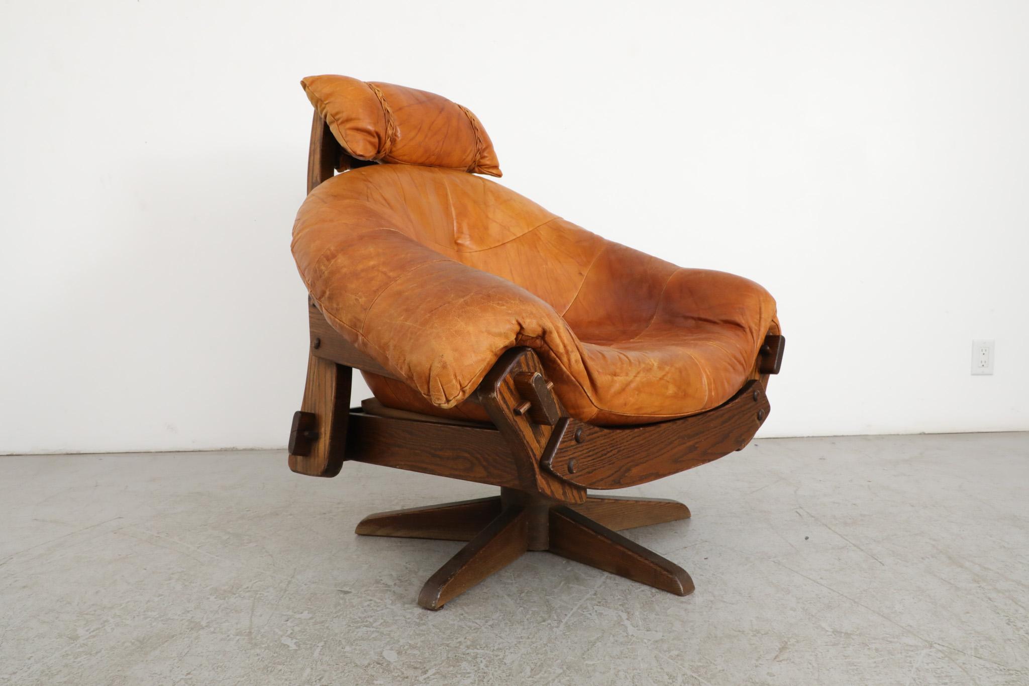 Jean Gillon Style Brutalist Cognac Leather and Oak Swivel Lounge Chair For Sale 4