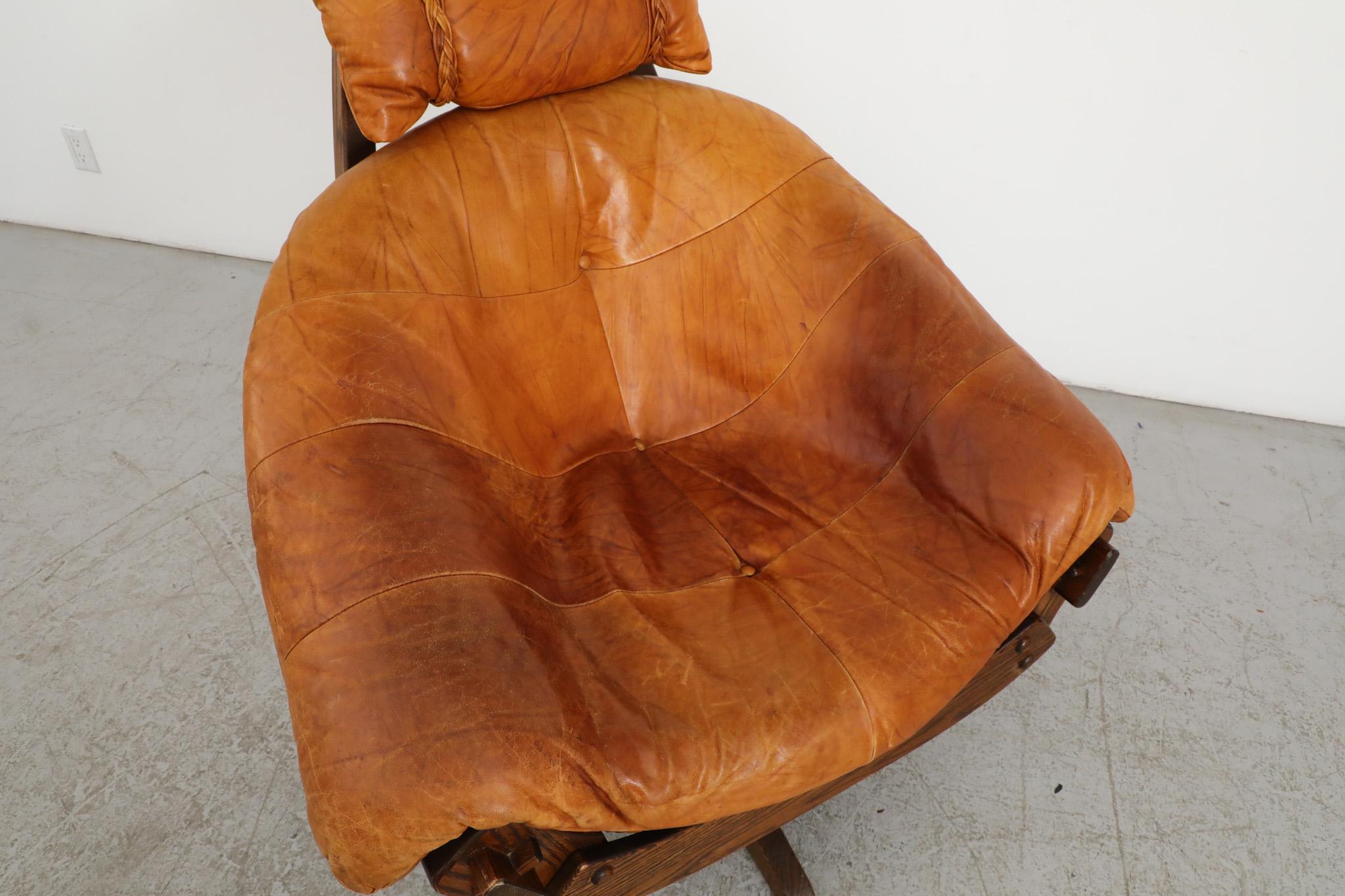 Jean Gillon Style Brutalist Cognac Leather and Oak Swivel Lounge Chair For Sale 8