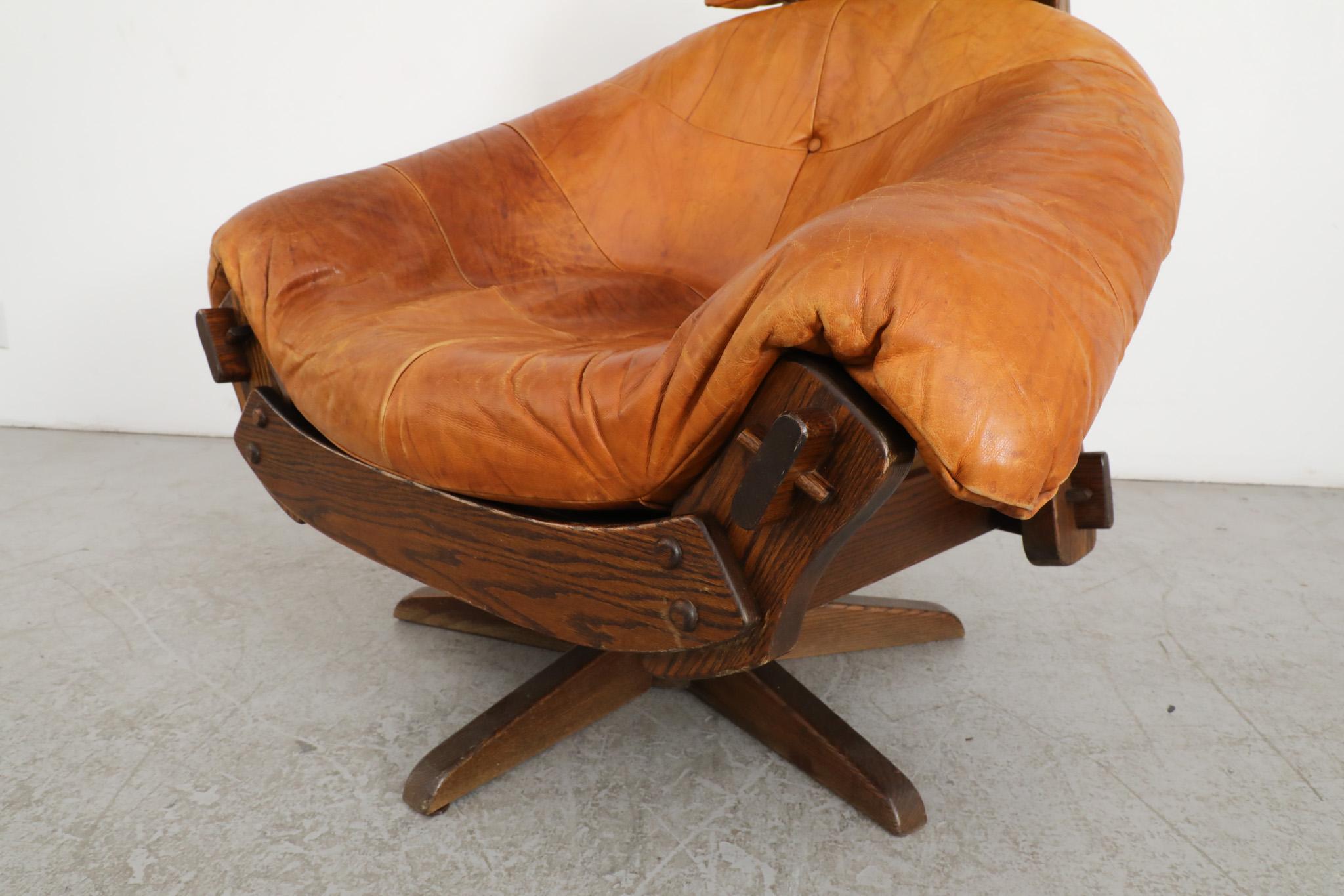 Jean Gillon Style Brutalist Cognac Leather and Oak Swivel Lounge Chair For Sale 9