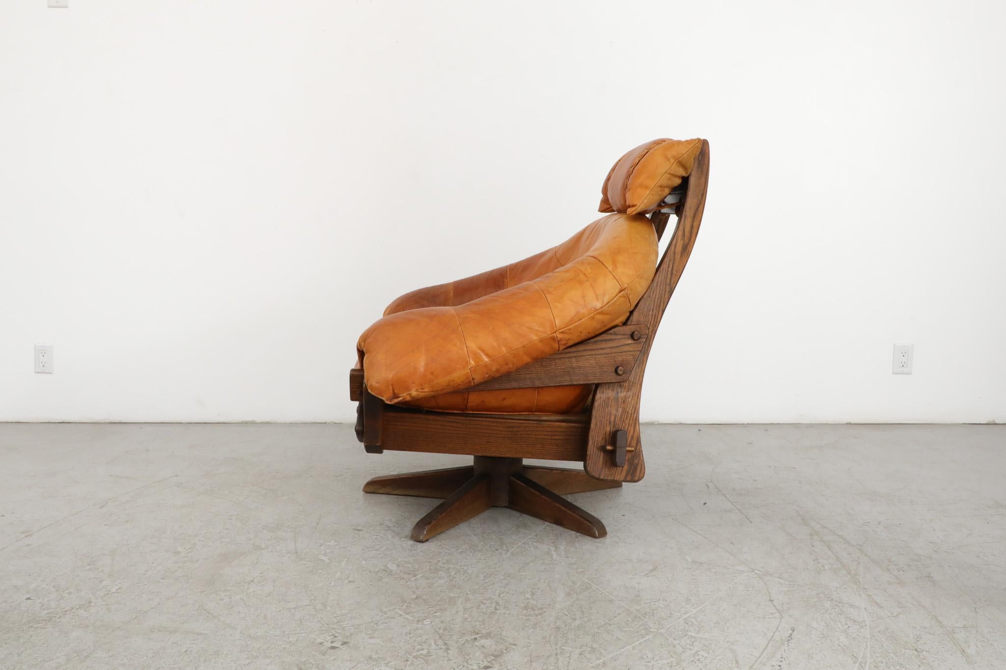 Unknown Jean Gillon Style Brutalist Cognac Leather and Oak Swivel Lounge Chair For Sale