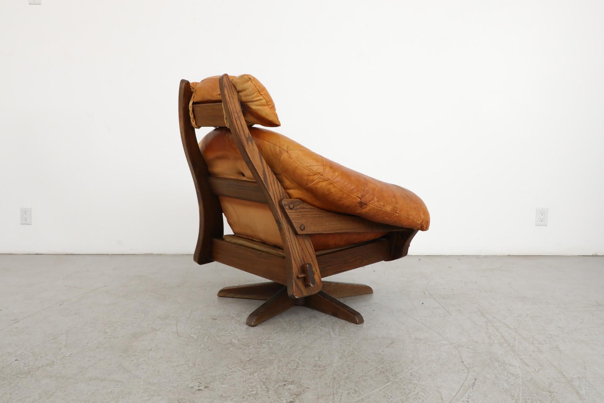 Jean Gillon Style Brutalist Cognac Leather and Oak Swivel Lounge Chair For Sale 1