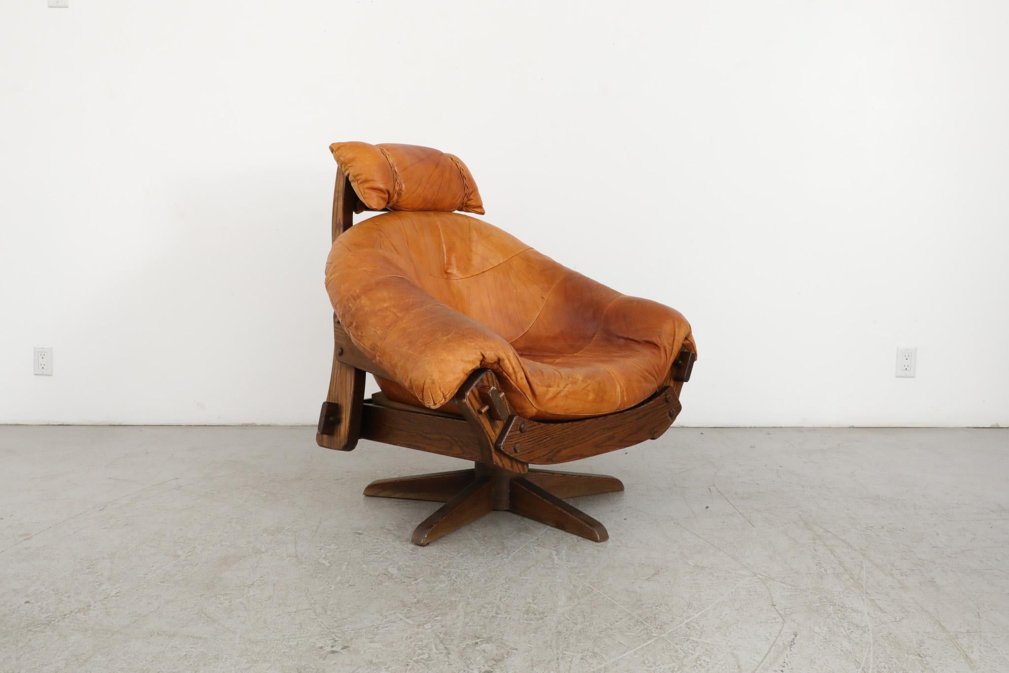 Jean Gillon Style Brutalist Cognac Leather and Oak Swivel Lounge Chair For Sale 2