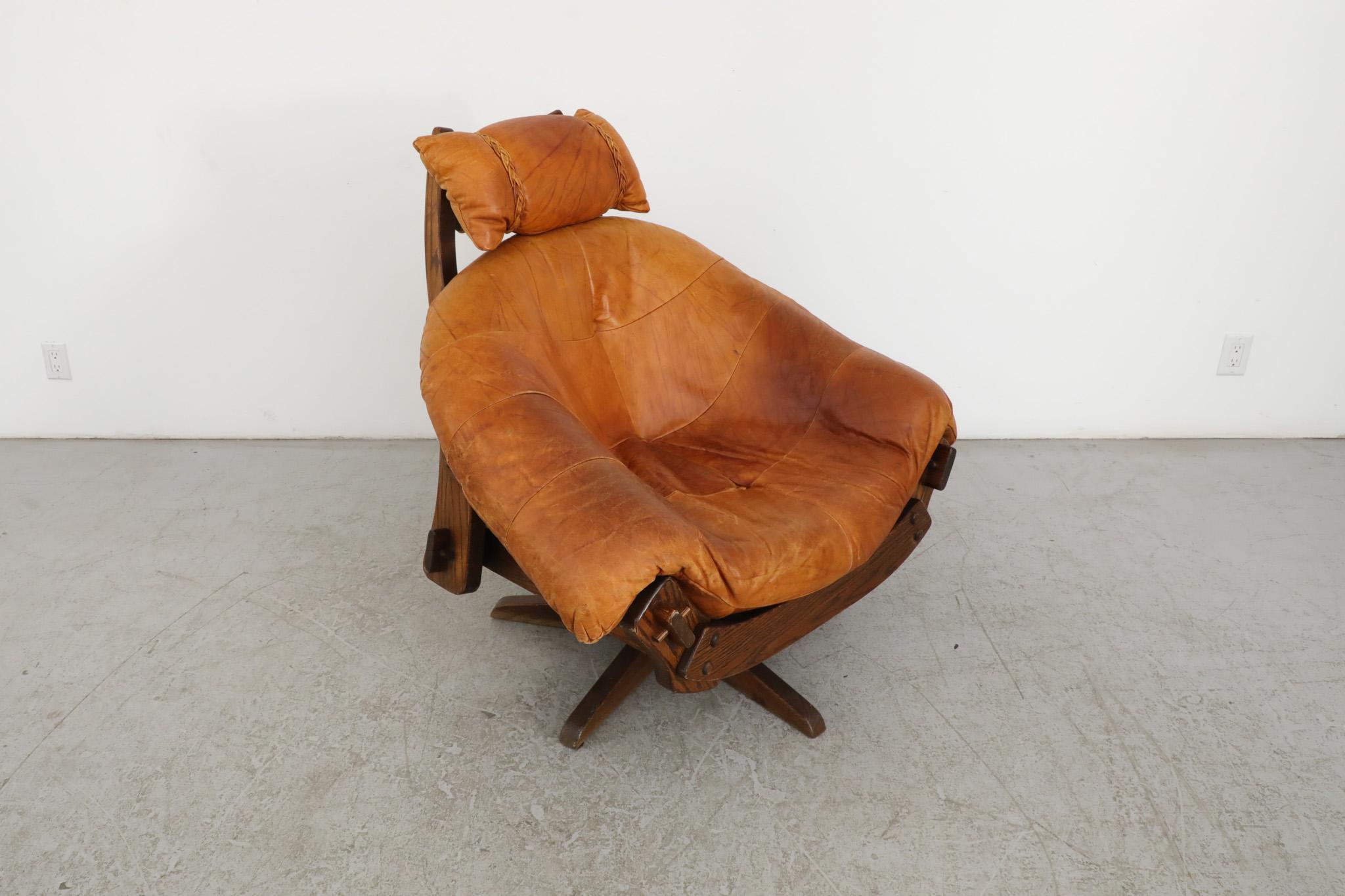 Jean Gillon Style Brutalist Cognac Leather and Oak Swivel Lounge Chair For Sale 3