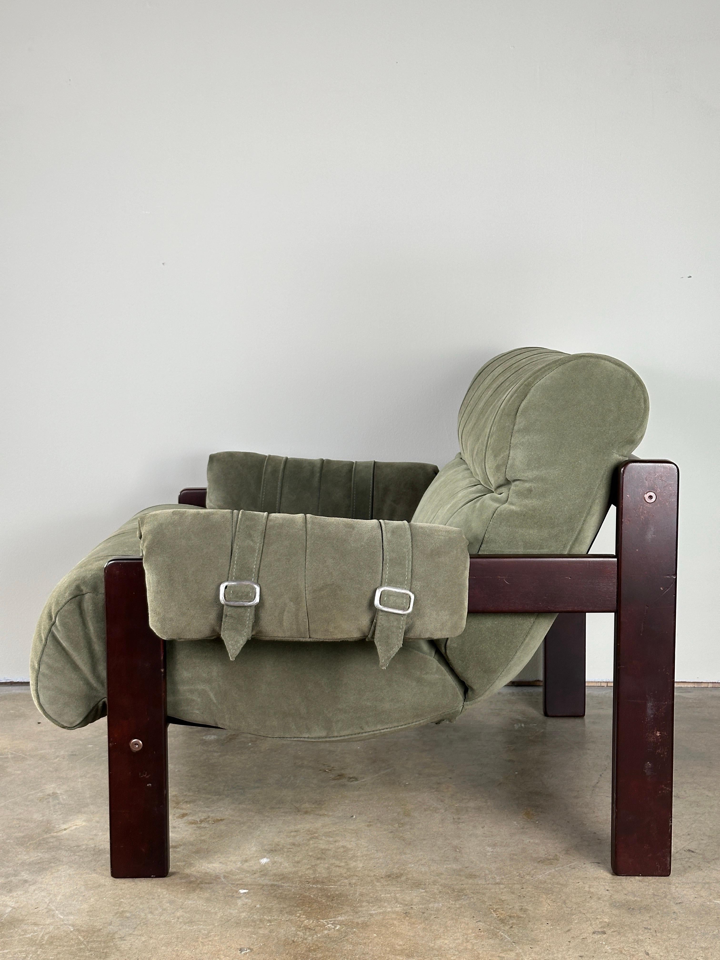 Mid Century Brazilian Rosewood Chair by Jean Gillon with green suede cushion and armrests. 

Remnants of the Italma (Italma S.A. Industria Do Mobiliario) visible on back stretcher.

Romanian-born, naturalized Brazilian Jean Gillon was an