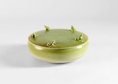 Jean Girel, Covered Green Ceramic Dish with Frogs,  France, 2021