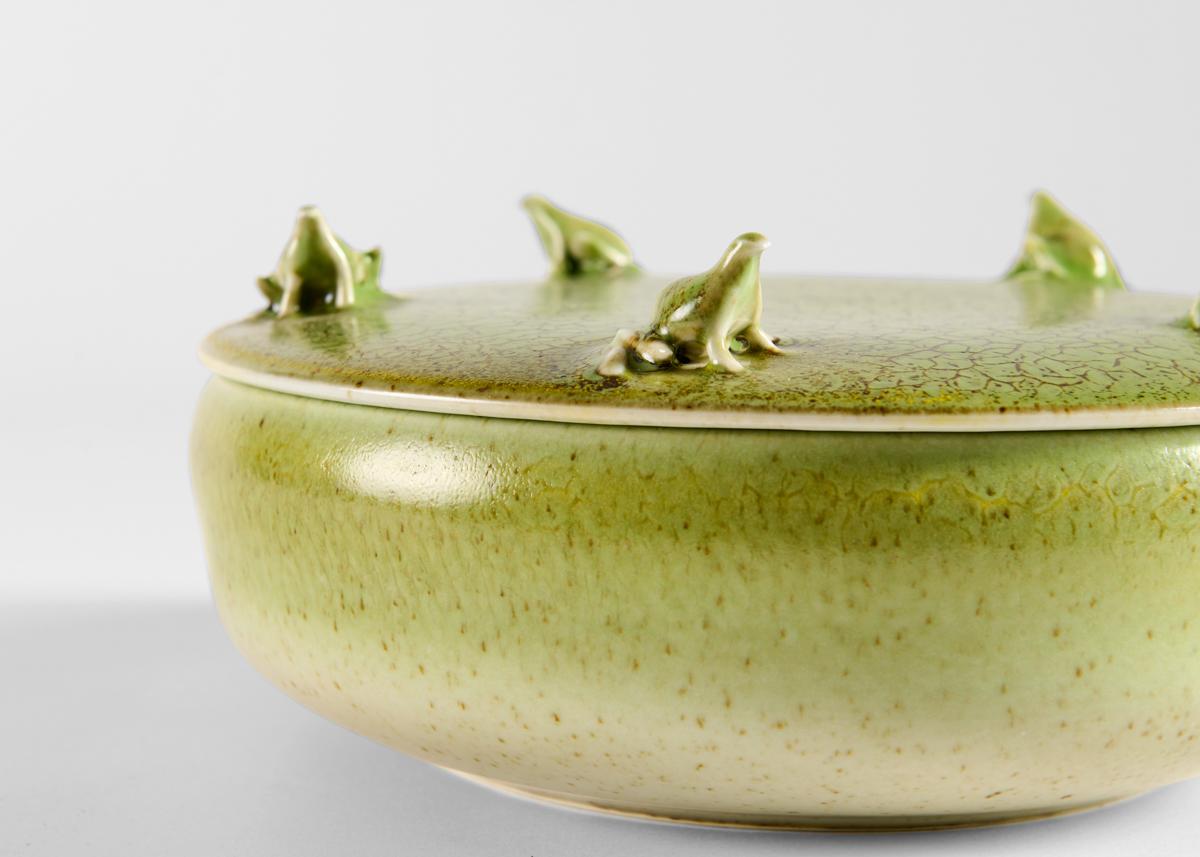 Glazed Jean Girel, Covered Green Ceramic Dish with Frogs,  France, 2021 For Sale