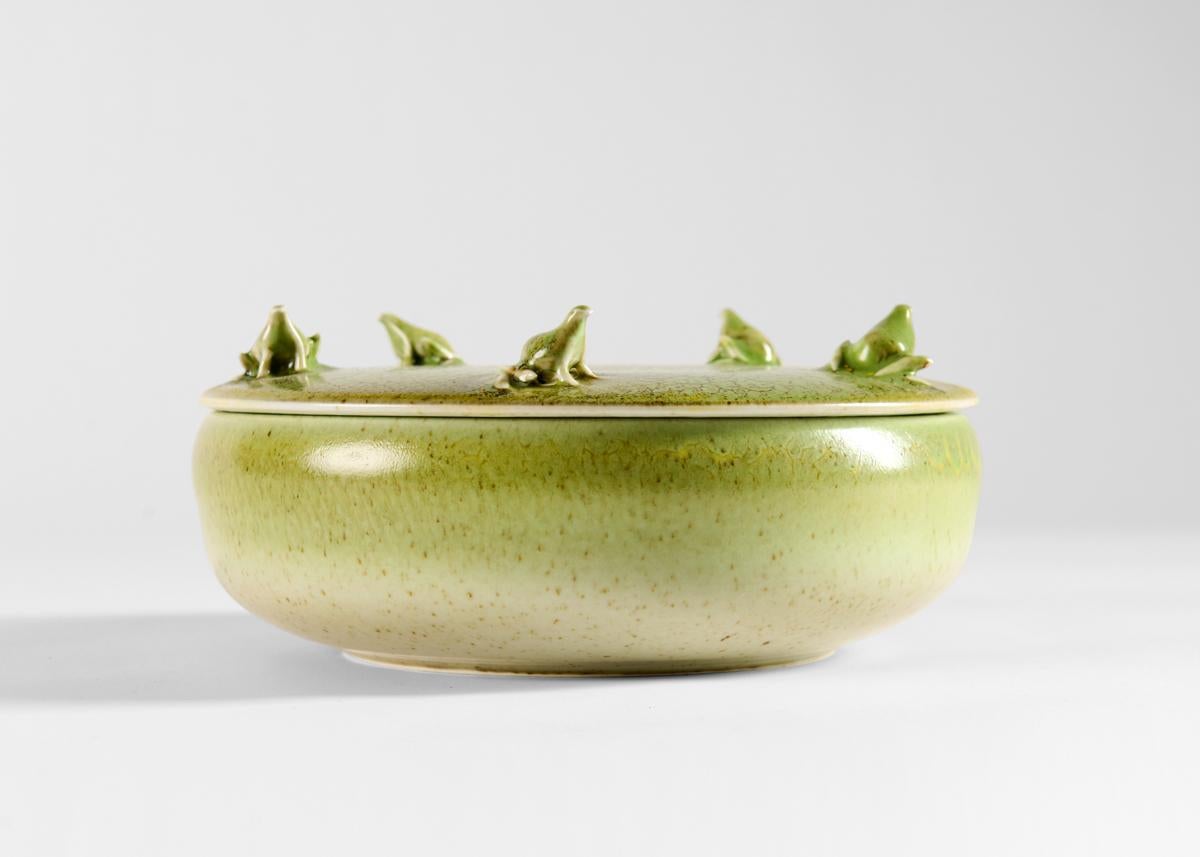 Contemporary Jean Girel, Covered Green Ceramic Dish with Frogs,  France, 2021 For Sale