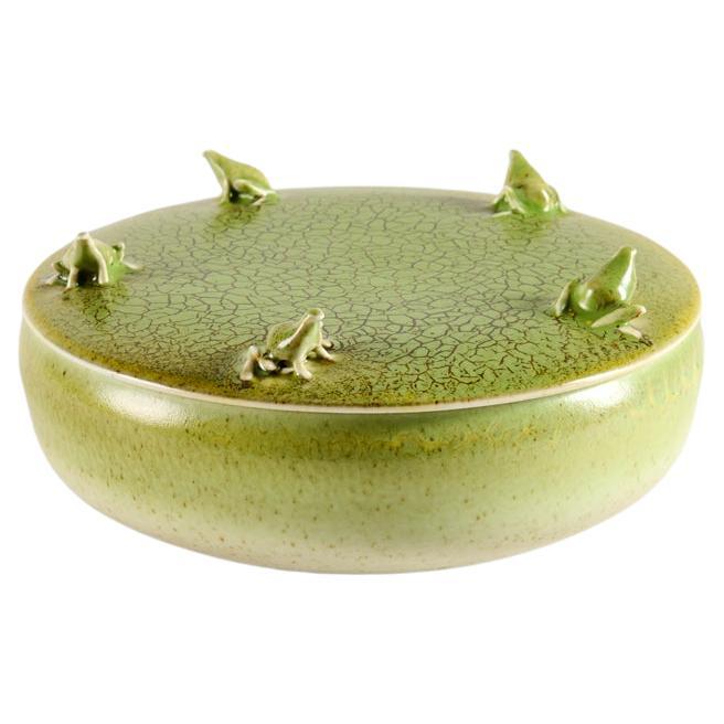 Jean Girel, Covered Green Ceramic Dish with Frogs,  France, 2021 For Sale