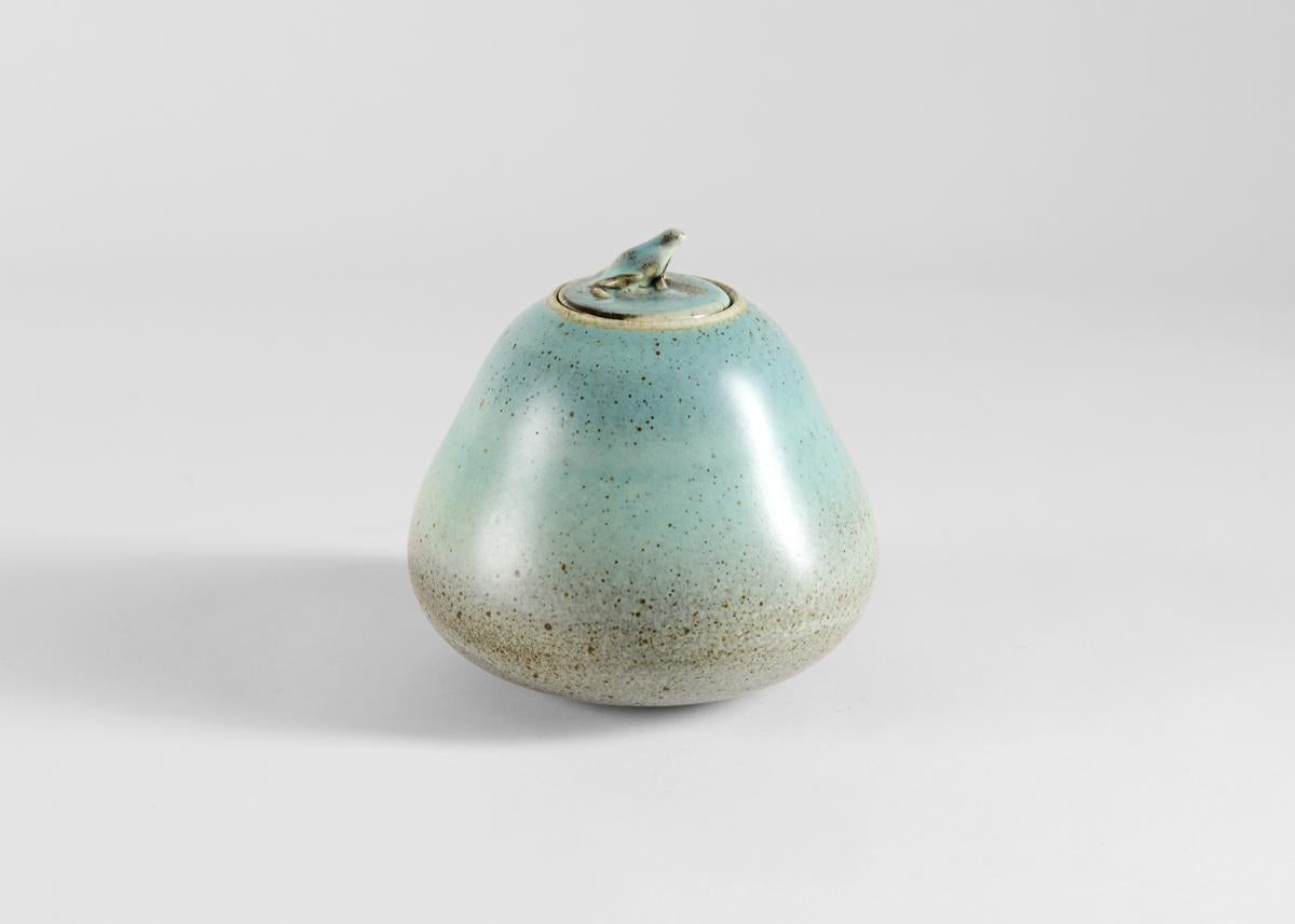 French Jean Girel, Lidded Vase with Frog, Blue Glaze, France, 2021 For Sale