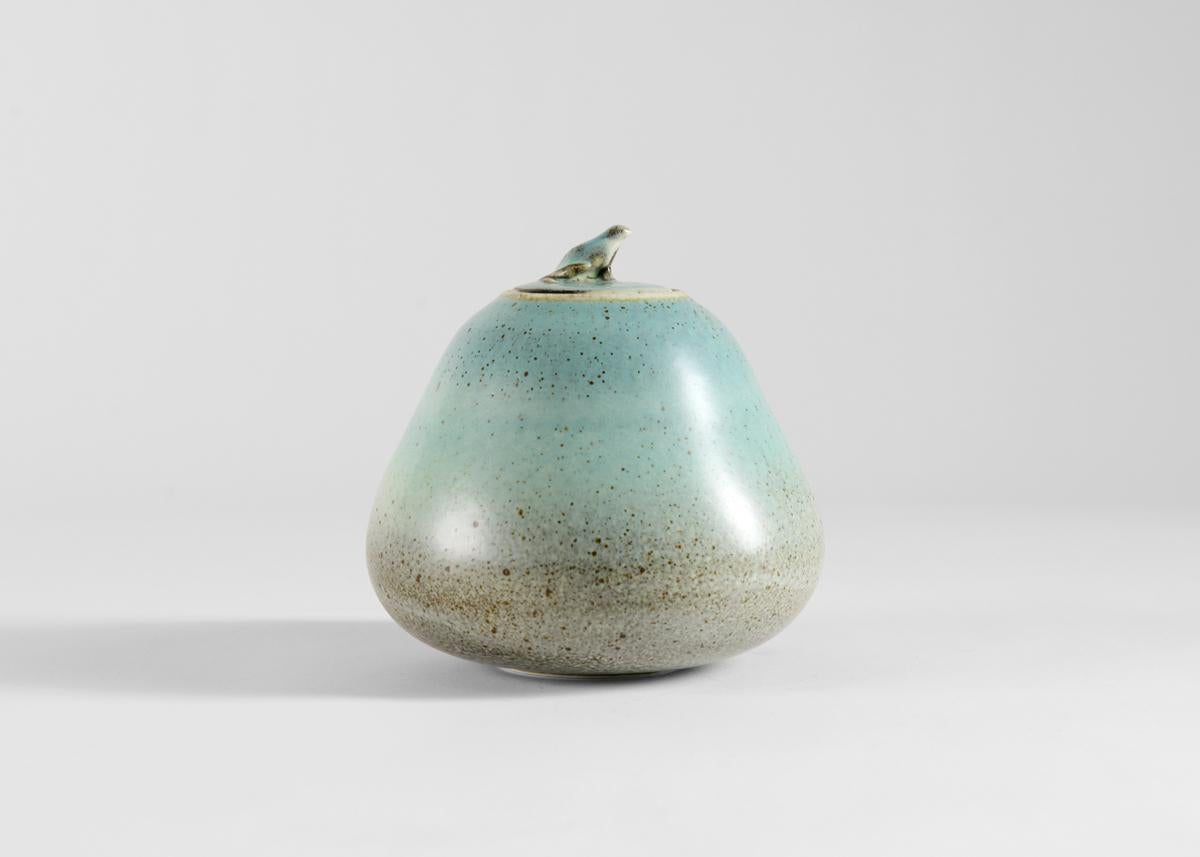Jean Girel, Lidded Vase with Frog, Blue Glaze, France, 2021 In Good Condition For Sale In New York, NY