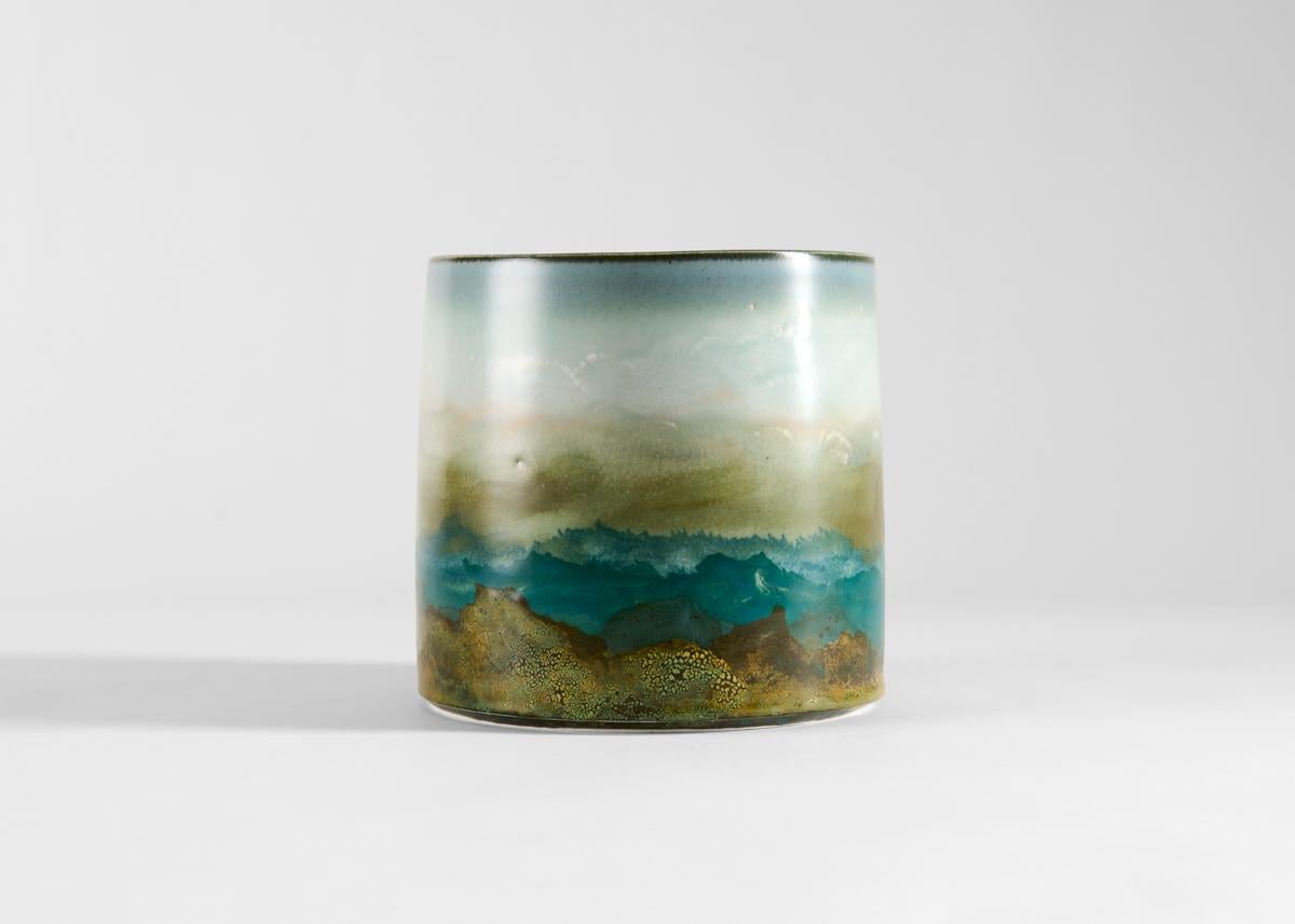 Jean Girel, Mar tempestuoso, jarrón cilíndrico, vidriado azul y verde, Francia, 2021 Glaseado en venta