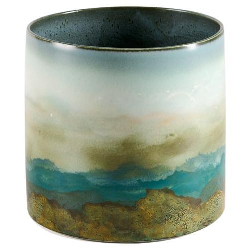 Jean Girel, Stormy Sea, Cylindrical Vase, Blue and Green Glaze, France, 2021 For Sale