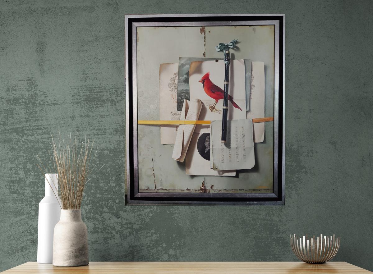 Stillleben mit Flöte und rotem Kardinal, Ölgemälde auf Leinwand von Jean Grimal – Painting von Jean Grimal 