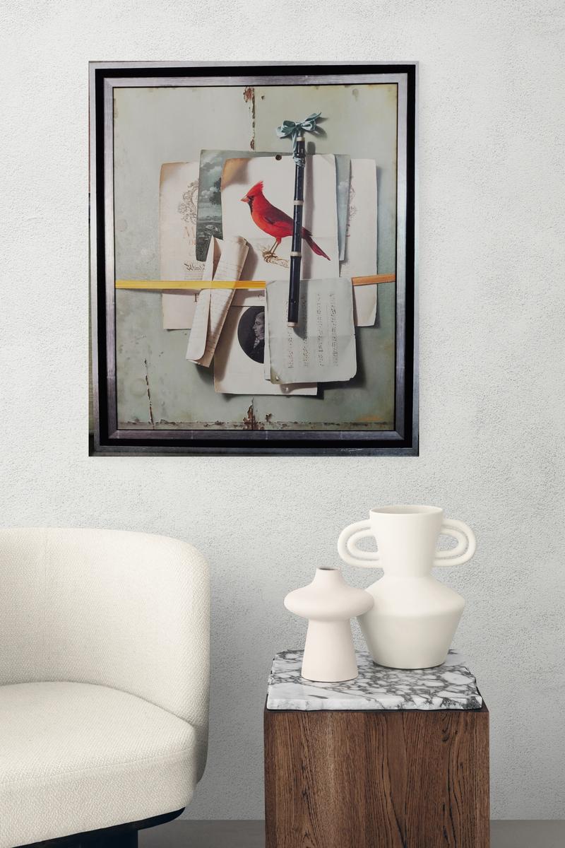 Stillleben mit Flöte und rotem Kardinal, Ölgemälde auf Leinwand von Jean Grimal (Grau), Still-Life Painting, von Jean Grimal 