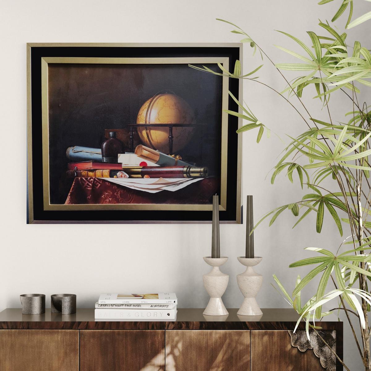 Natura morta con mappamondo, libri e telescopio, olio su tela di  Jean Grimal - Painting di  Jean Grimal 