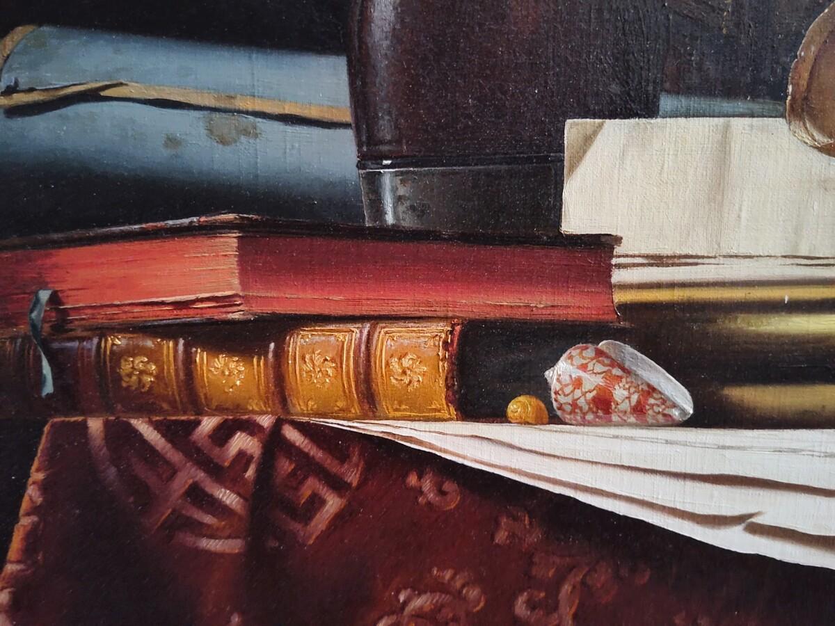Natura morta con mappamondo, libri e telescopio, olio su tela di  Jean Grimal in vendita 1