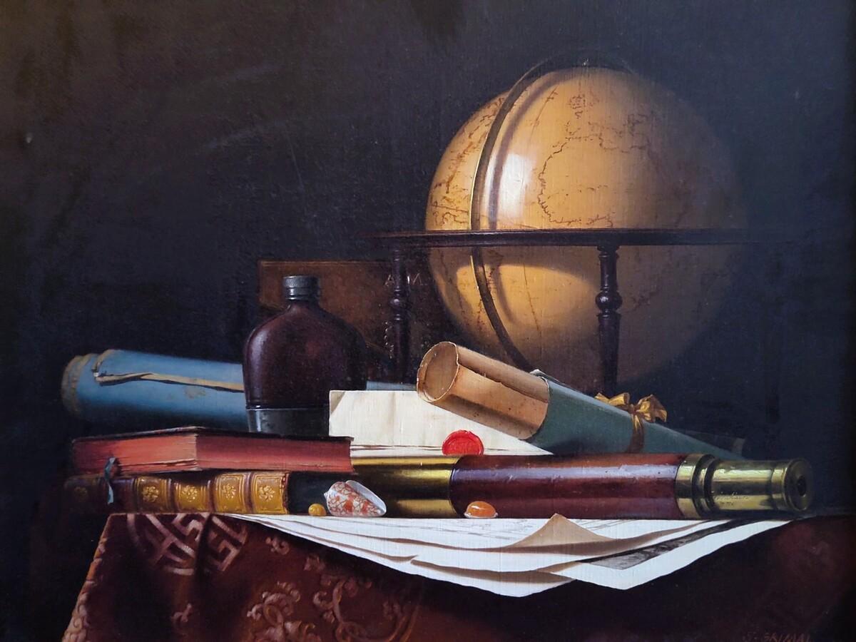 Natura morta con mappamondo, libri e telescopio, olio su tela di  Jean Grimal in vendita 2