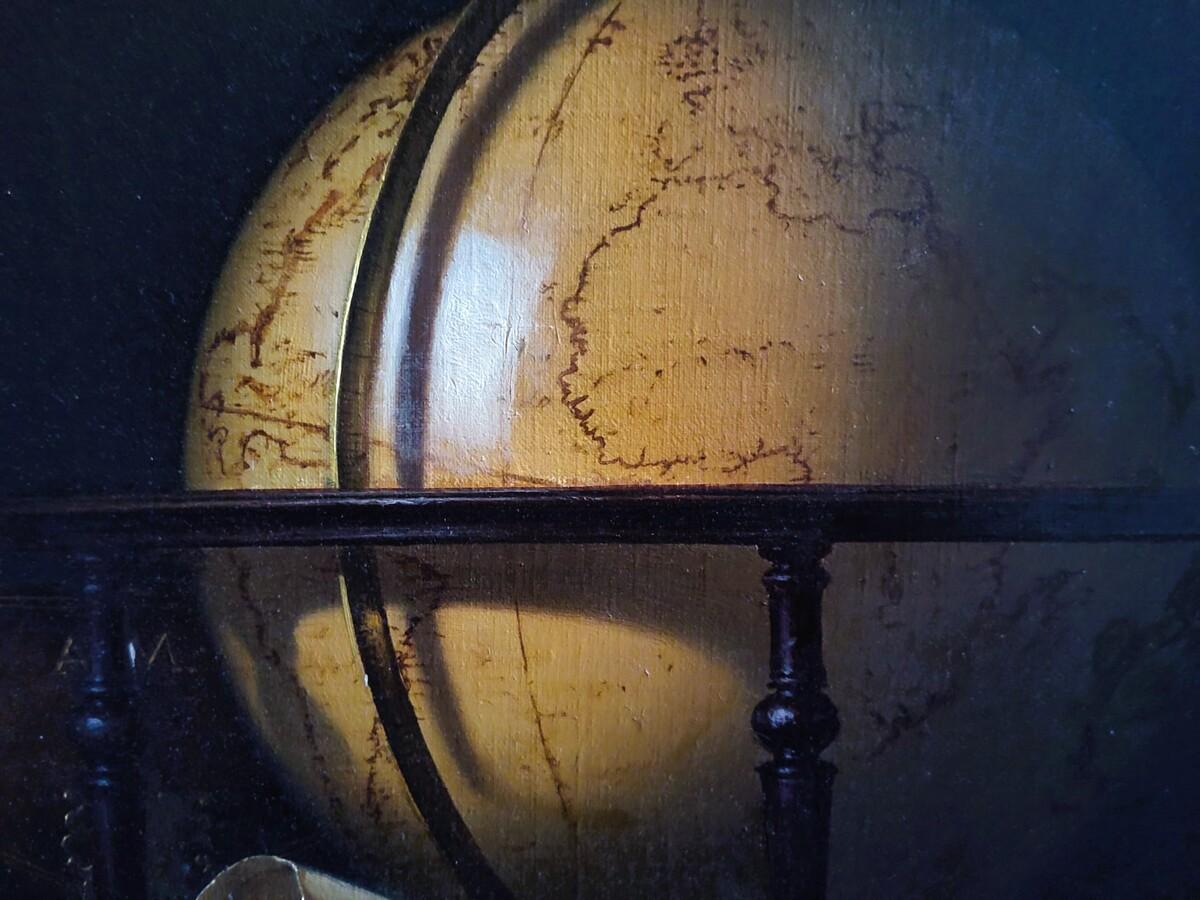 Natura morta con mappamondo, libri e telescopio, olio su tela di  Jean Grimal in vendita 4