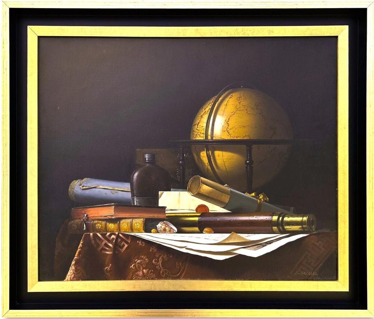 Still-Life Painting di  Jean Grimal  - Natura morta con mappamondo, libri e telescopio, olio su tela di  Jean Grimal