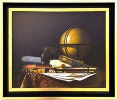 Naturaleza muerta con globo terráqueo, libros y telescopio, Óleo sobre lienzo de  Jean Grimal