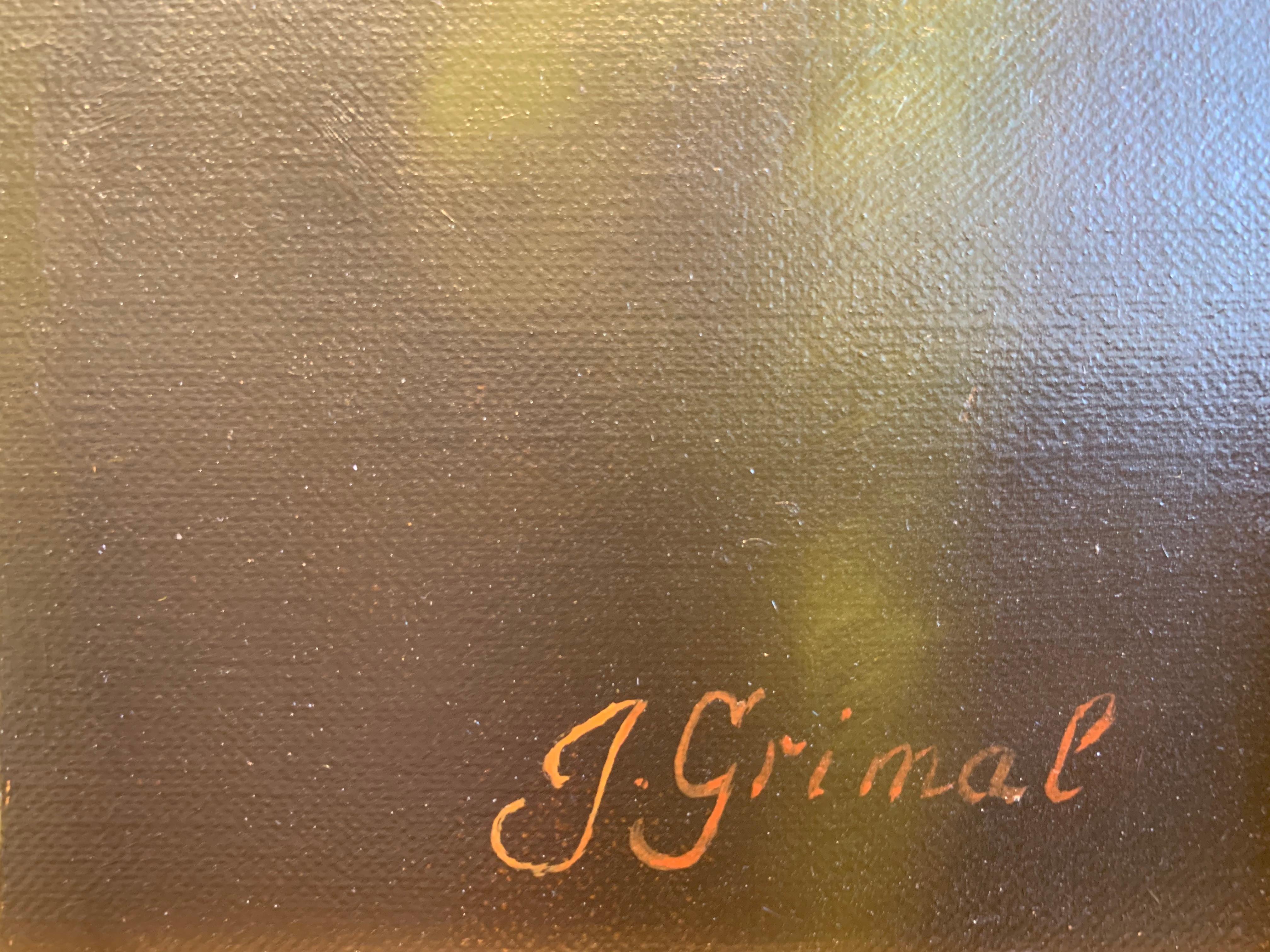 In Anlehnung an die niederländischen Meister schuf Jean Grimal (1942-1998) dieses atemberaubende Stillleben. Der Einsatz von Hell-Dunkel-Kontrasten in dem grünen Seidentuch, das auf dem Holztisch drapiert ist, ist wunderschön. Die fachmännisch