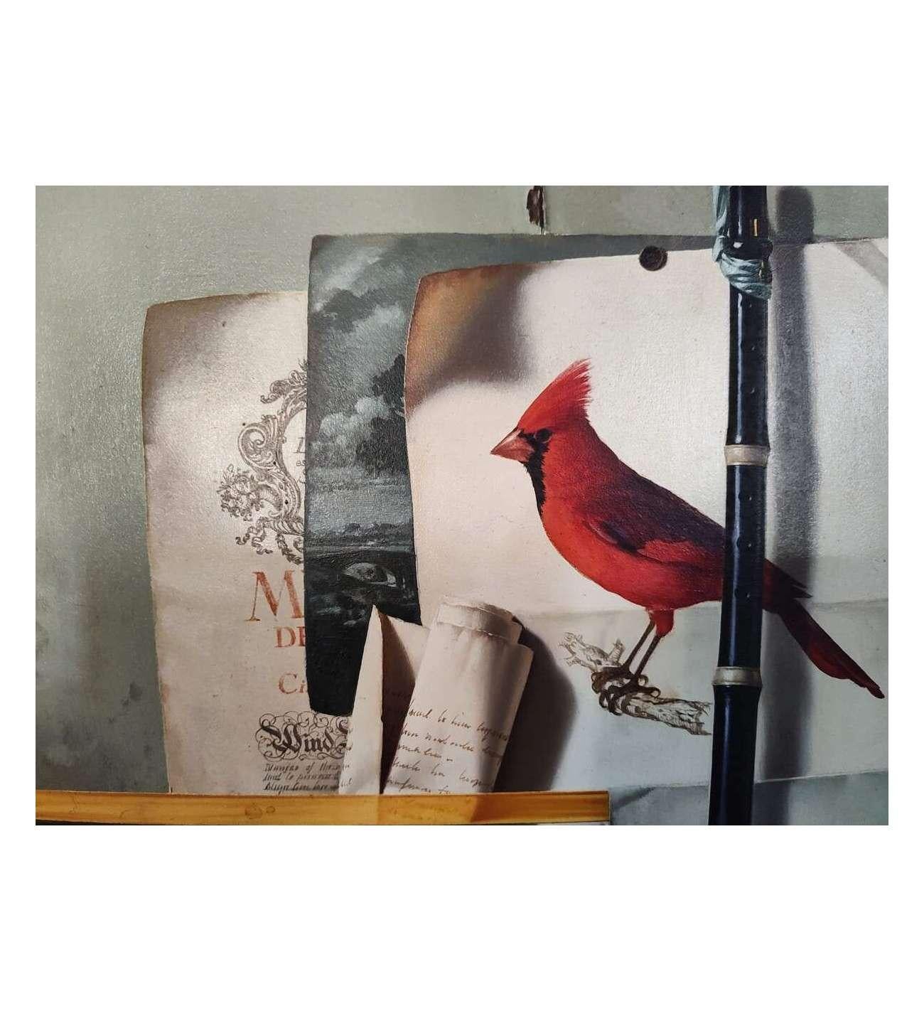 Nature morte à la flûte et au cardinal rouge, peinture à l'huile sur toile de Jean Grimal (1 en vente 1