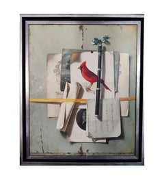 Nature morte à la flûte et au cardinal rouge, peinture à l'huile sur toile de Jean Grimal (1