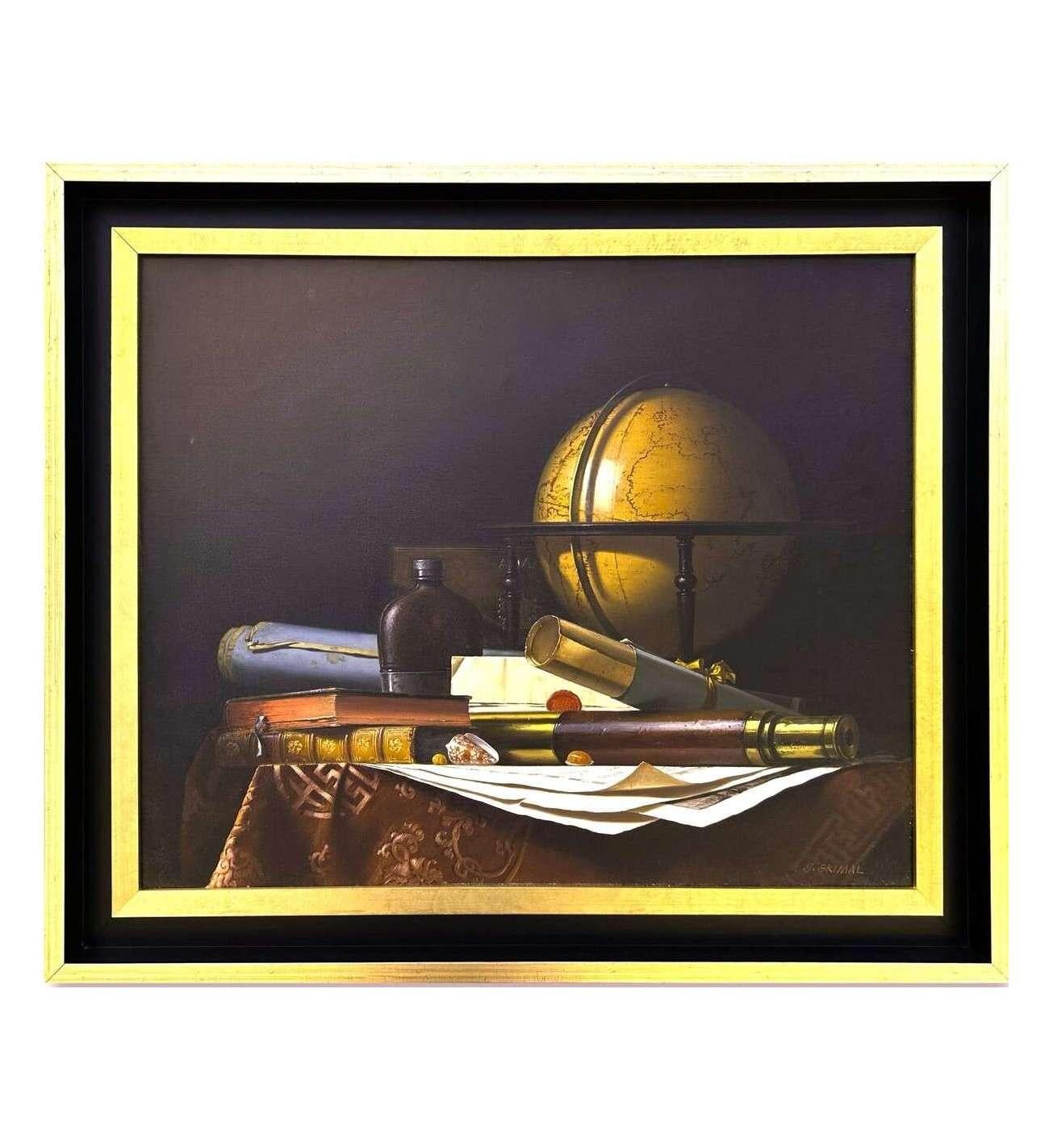 Still Life with Globe, Books and Telescope,  Oil on canvas by  Jean Grimal (1942 For Sale 1